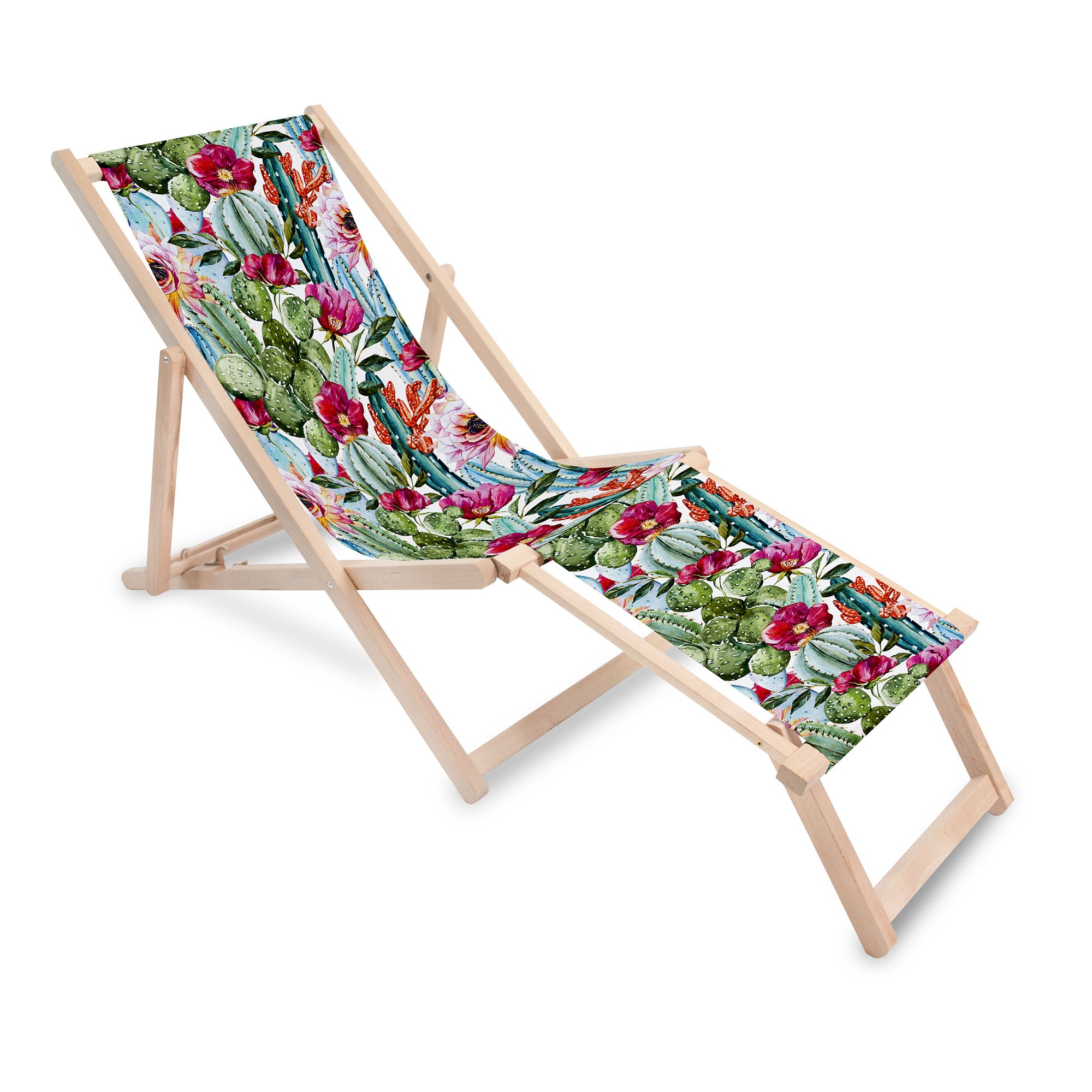 Wooden deck chair with footrest Flowers and Cactus