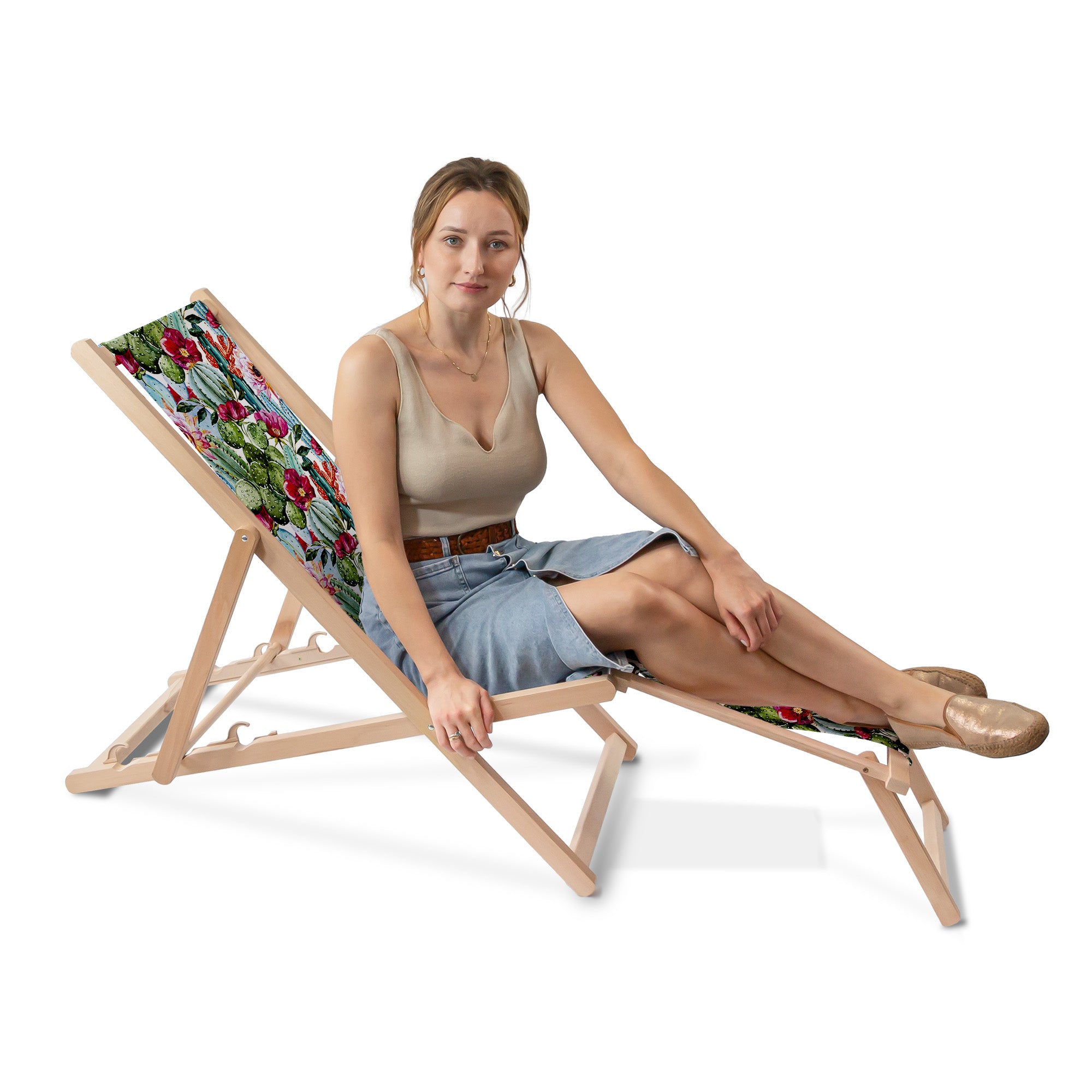 Wooden deck chair with footrest Flowers and Cactus