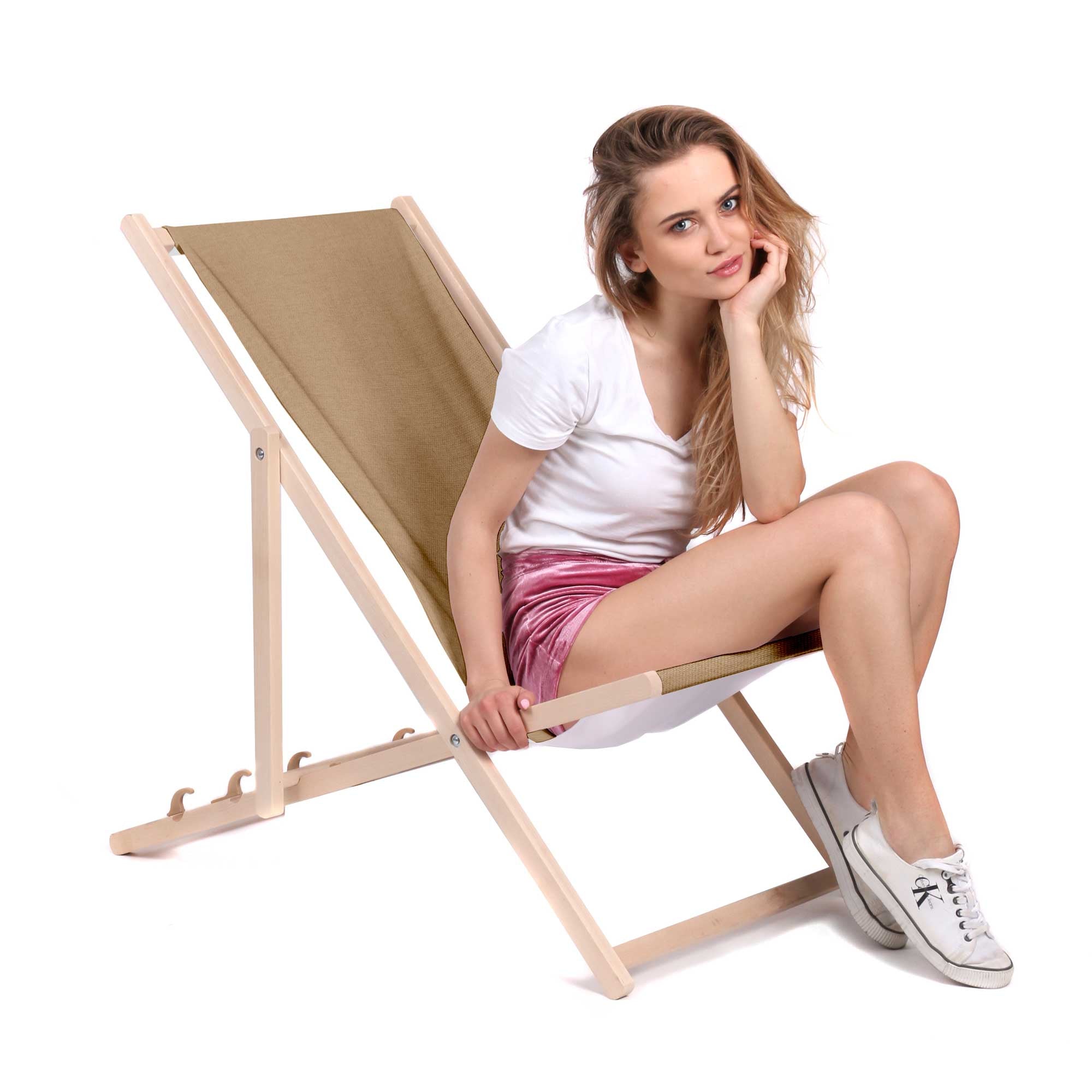 Wooden Deck Chair Linen Imitation Desert Sand-M