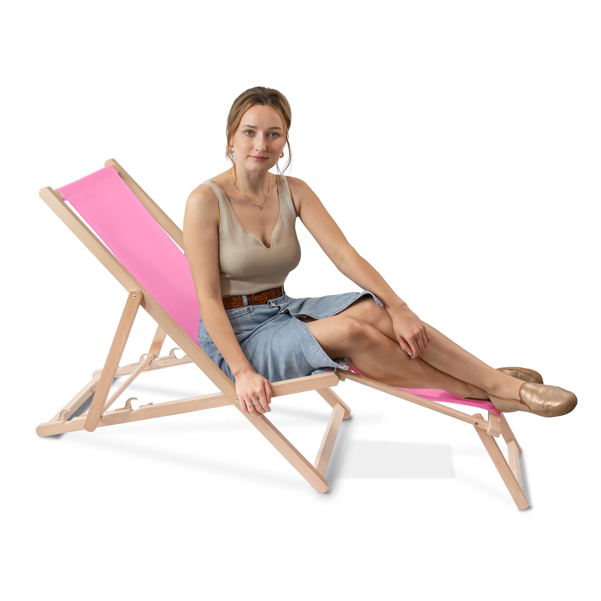 Wooden deck chair with footrest Pink