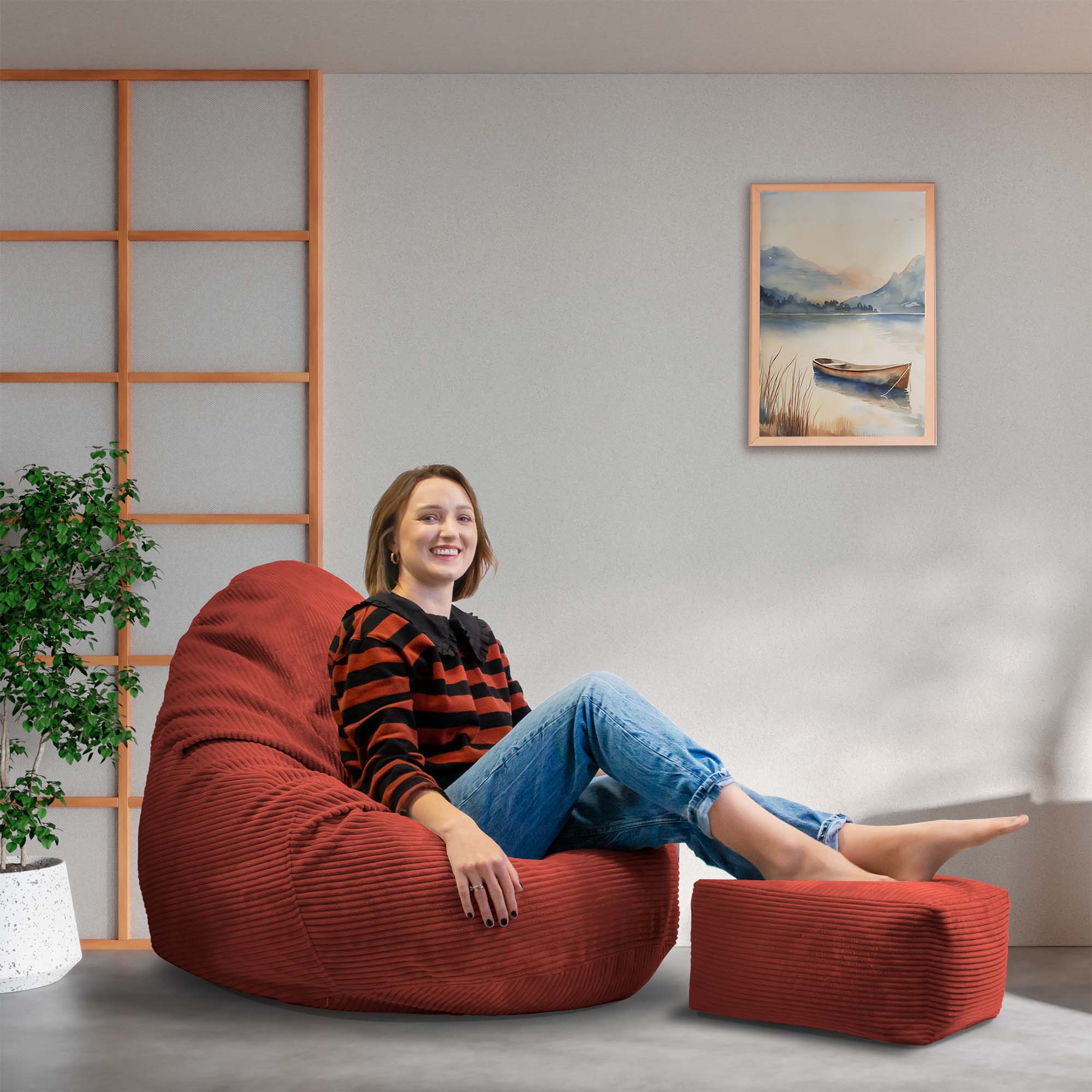 Paradise Pouf with Footstool Fired Brick