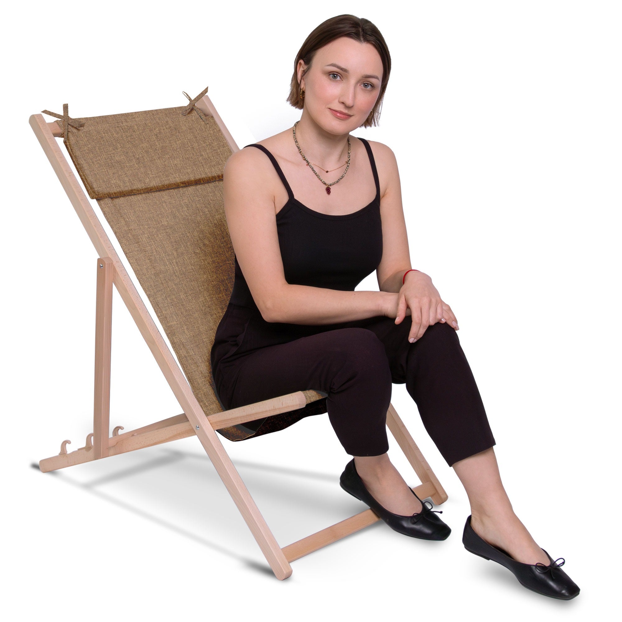 Wooden Deck Chair with Cushion Linen Imitation Cinnamon-S
