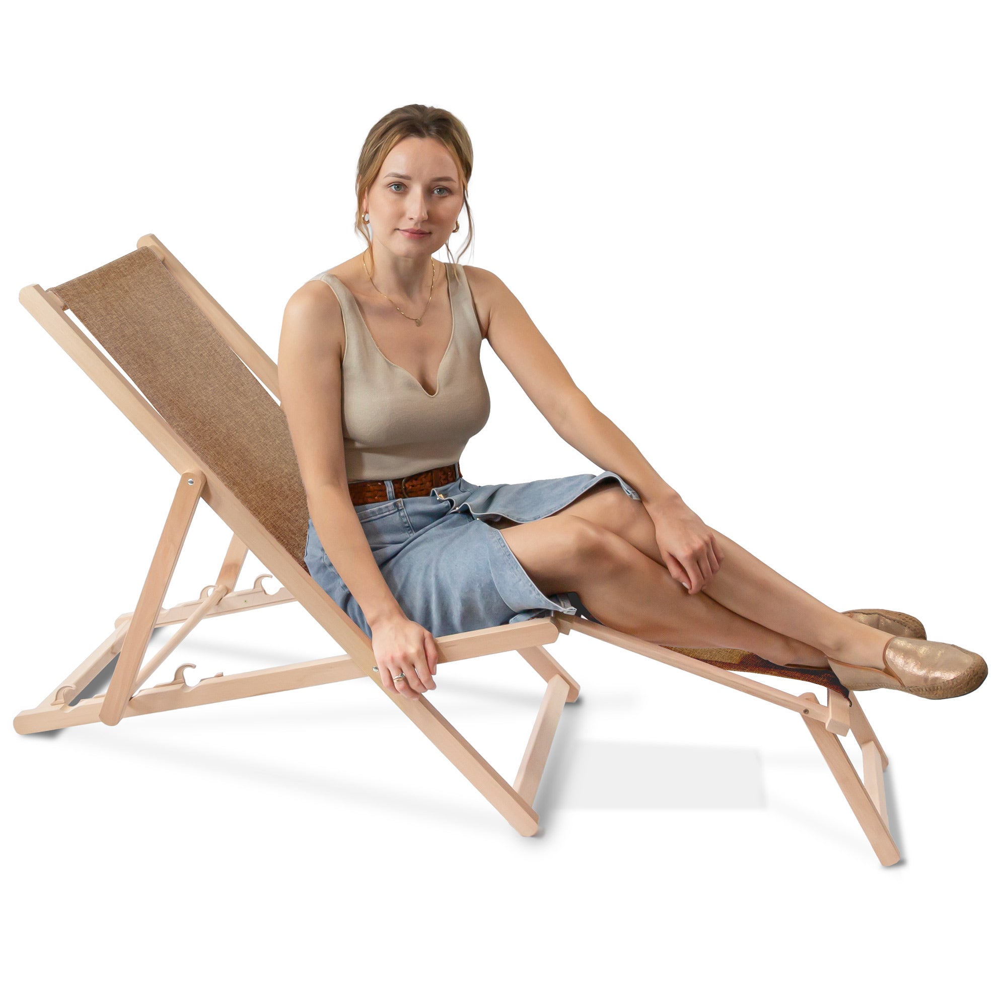 Wooden deck chair with footrest Linen imitation Cinnamon