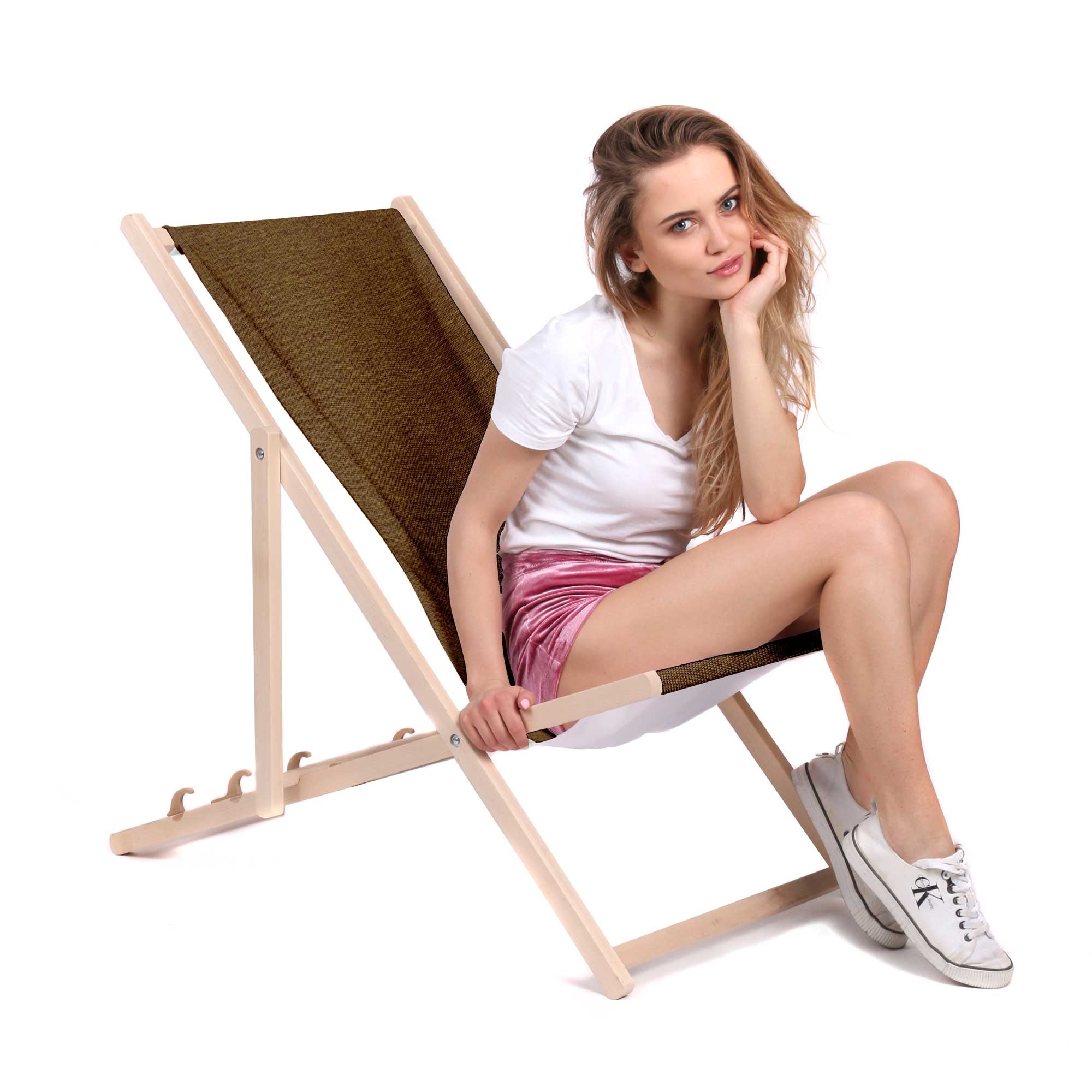 Wooden Deck Chair Linen Imitation Cinnamon-M
