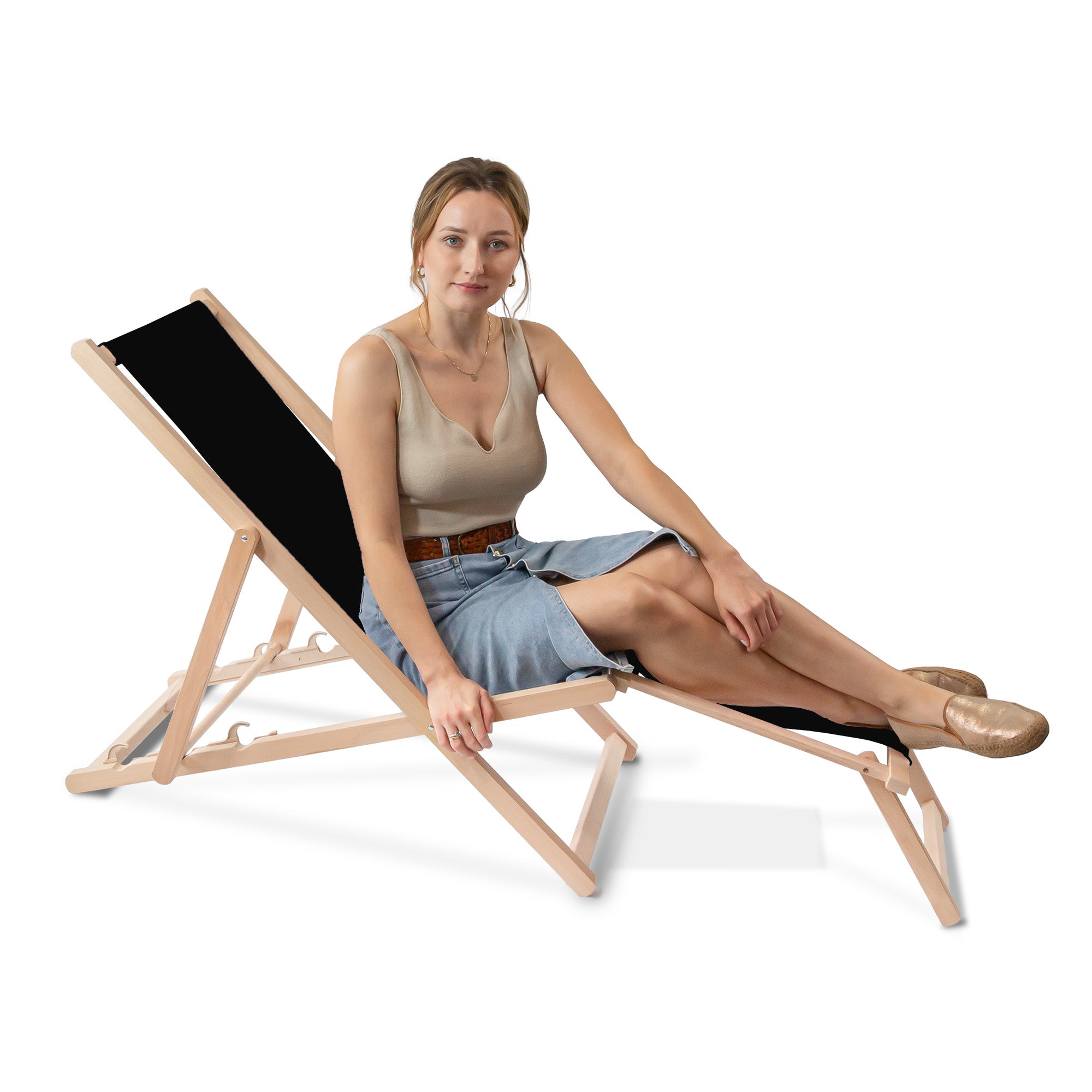 Wooden deck chair with footrest Black