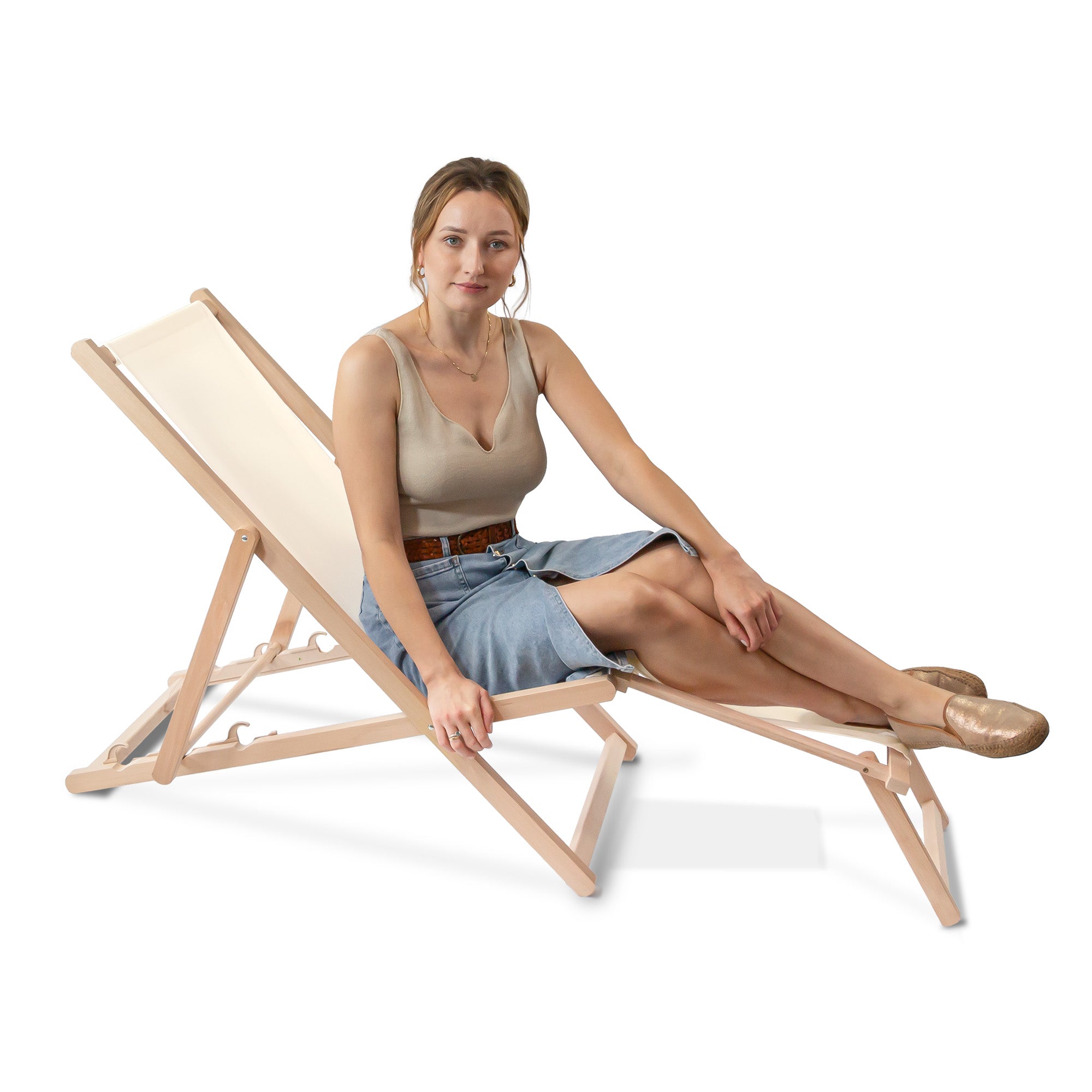 Wooden deck chair with footrest Creme