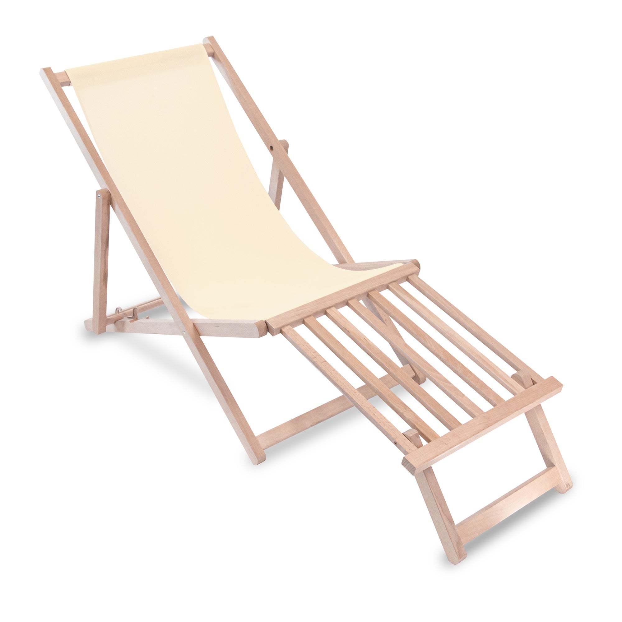 Wooden deck chair with wooden footrest Creme