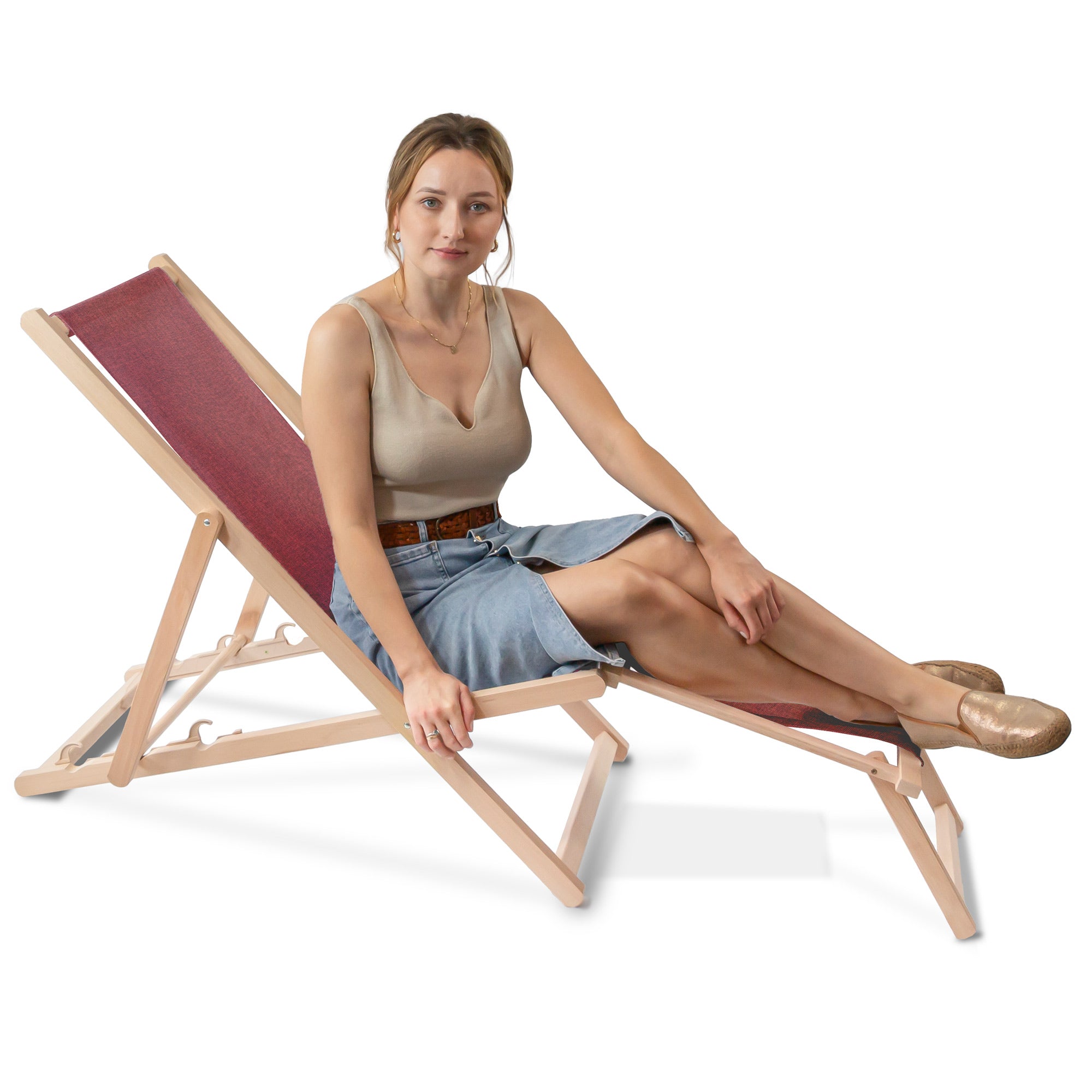 Wooden deck chair with footrest Linen imitation Fiery Aurora