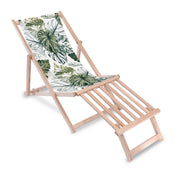 Wooden deck chair with wooden footrest Monstera Green Leaf