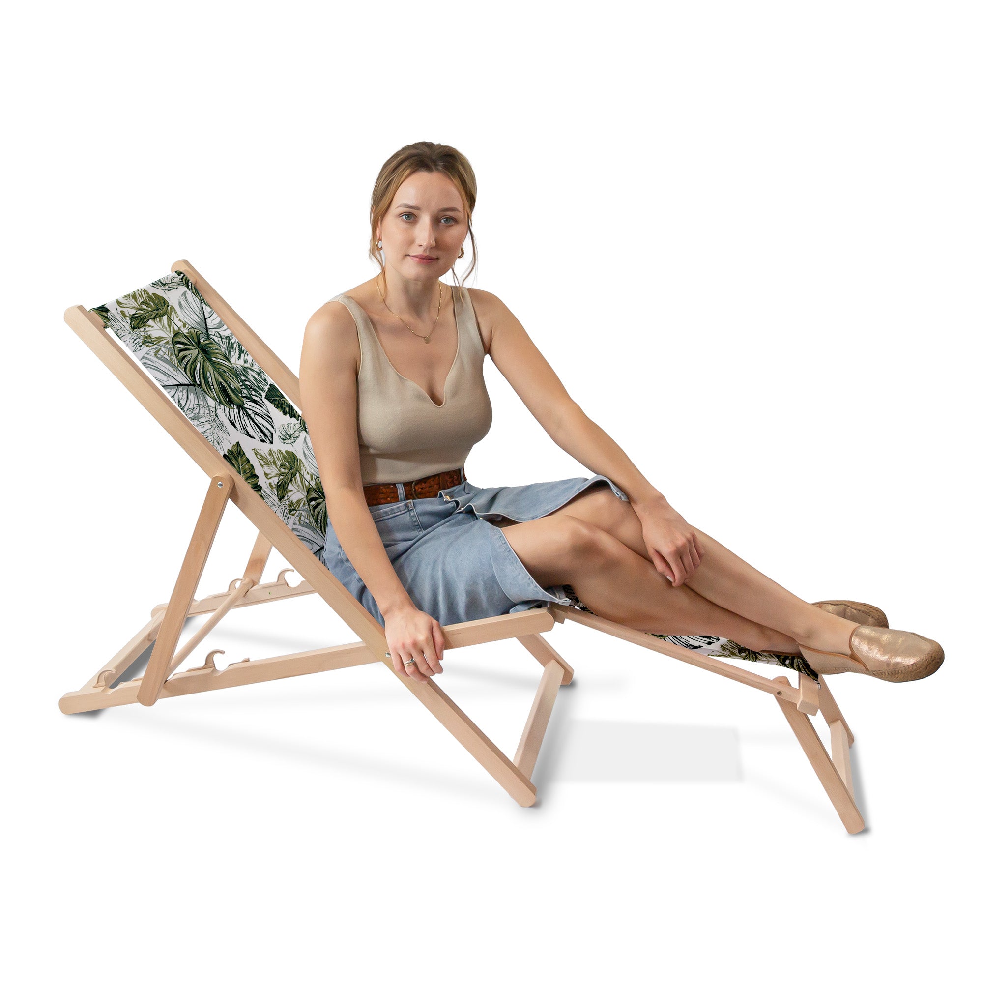Wooden deck chair with footrest Monstera Green Leaf