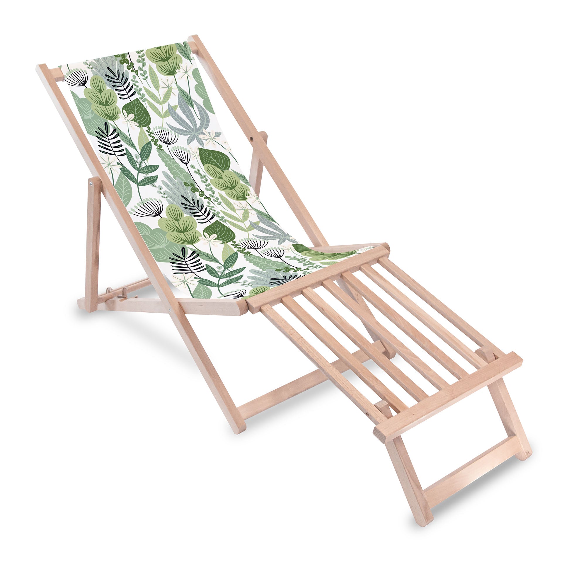 Wooden deck chair with wooden footrest Flowers and Grass