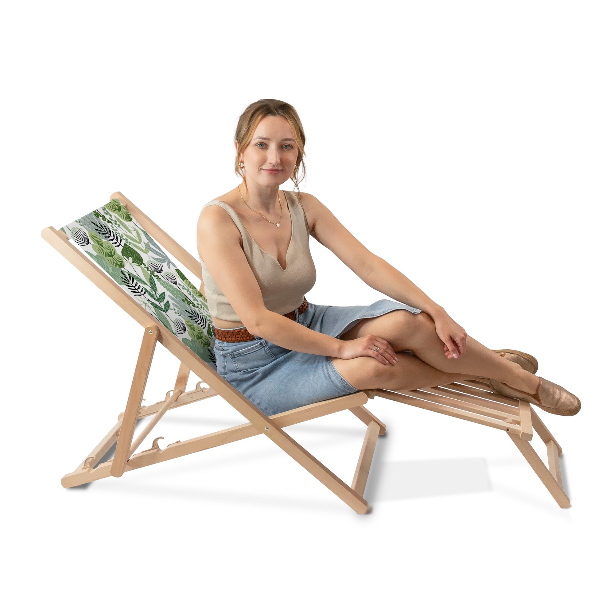 Wooden deck chair with wooden footrest Flowers and Grass