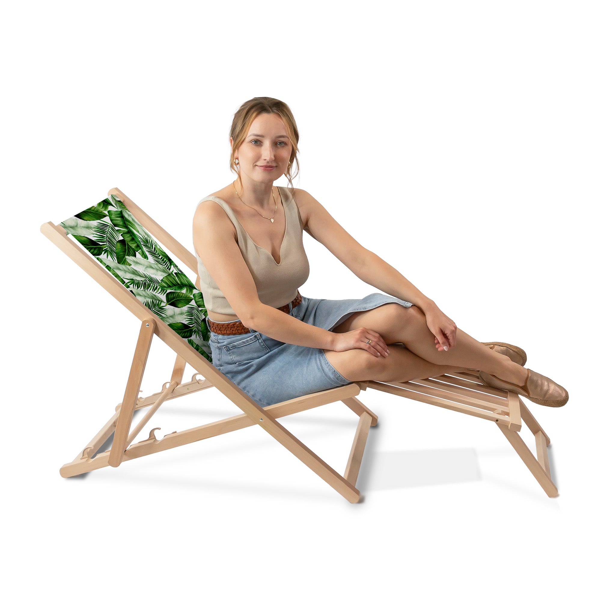 Wooden deck chair with wooden footrest Big Leaves
