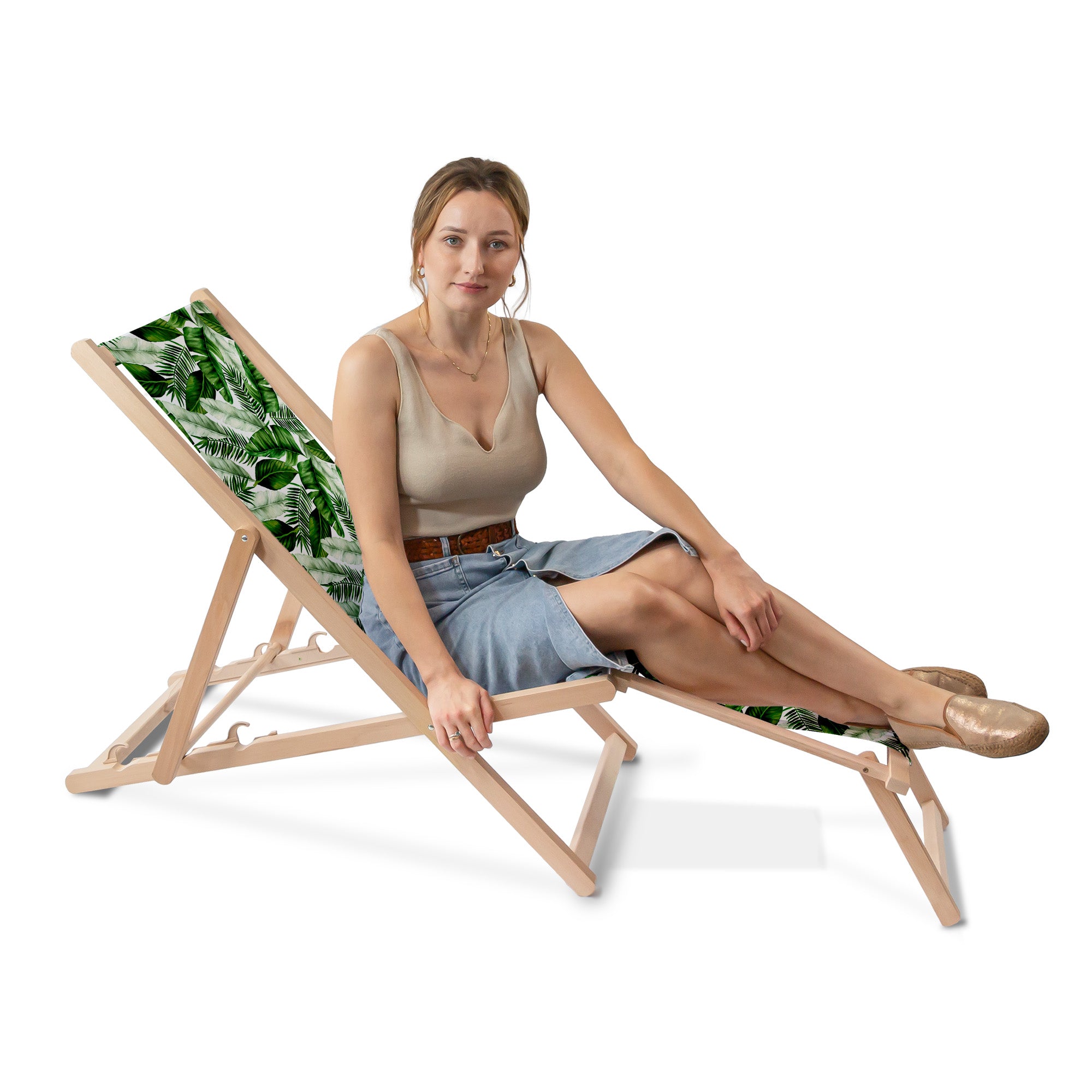 Wooden Deck Chair with Footrest Big Leaves