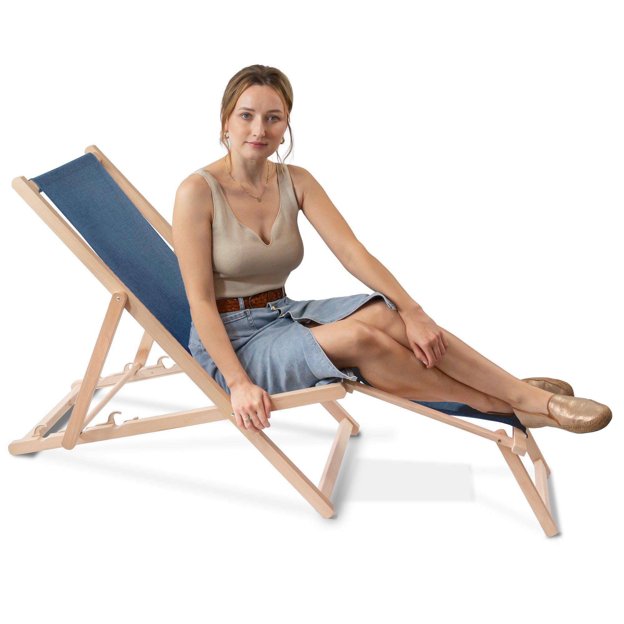Wooden deck chair with footrest Linen imitation Denim Dream