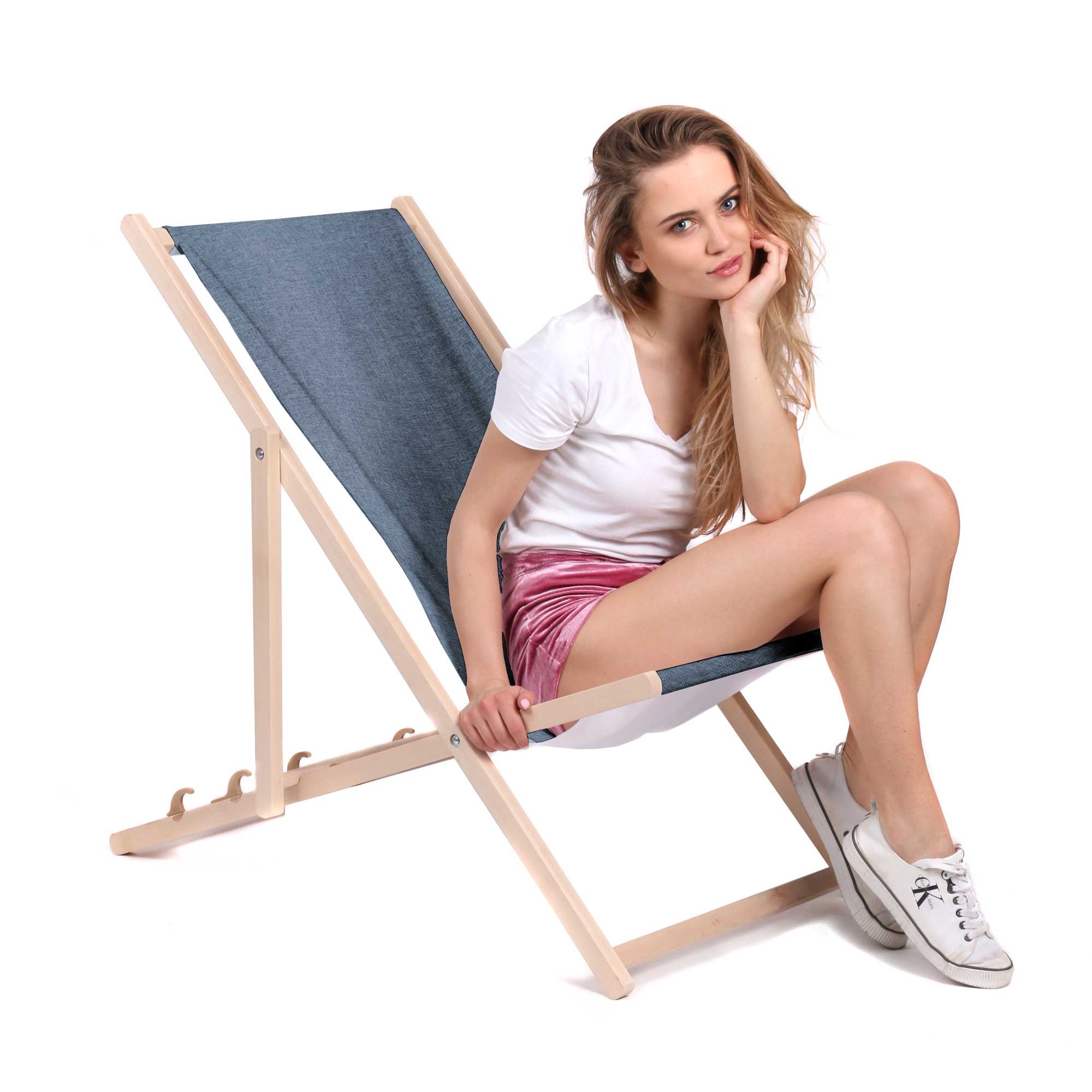 Wooden Deck Chair Linen Imitation Denim Dream-M