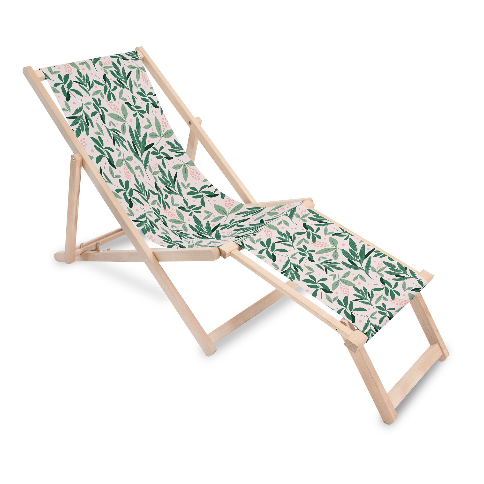 Wooden Deck Chair with Footrest Olive Leaves on Pink