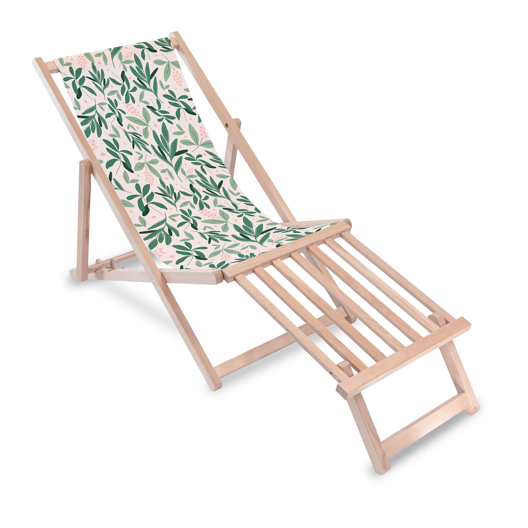 Wooden deck chair with wooden footrest Olive Leaves on Pink