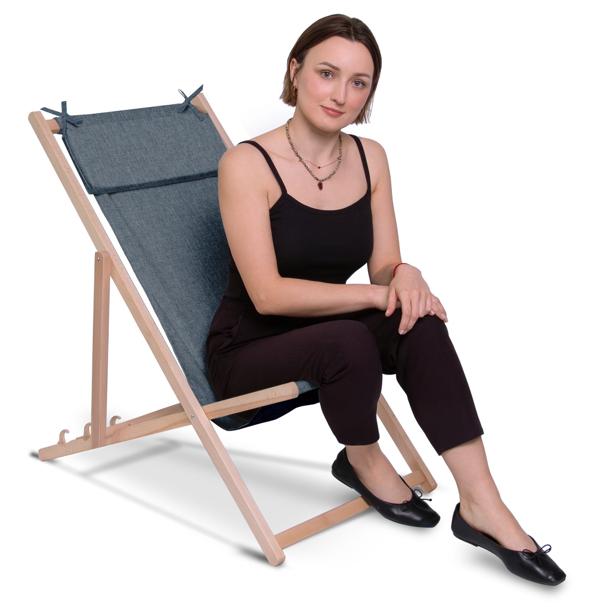 Wooden Deck Chair with Cushion Linen Imitation Ocean Isle-M