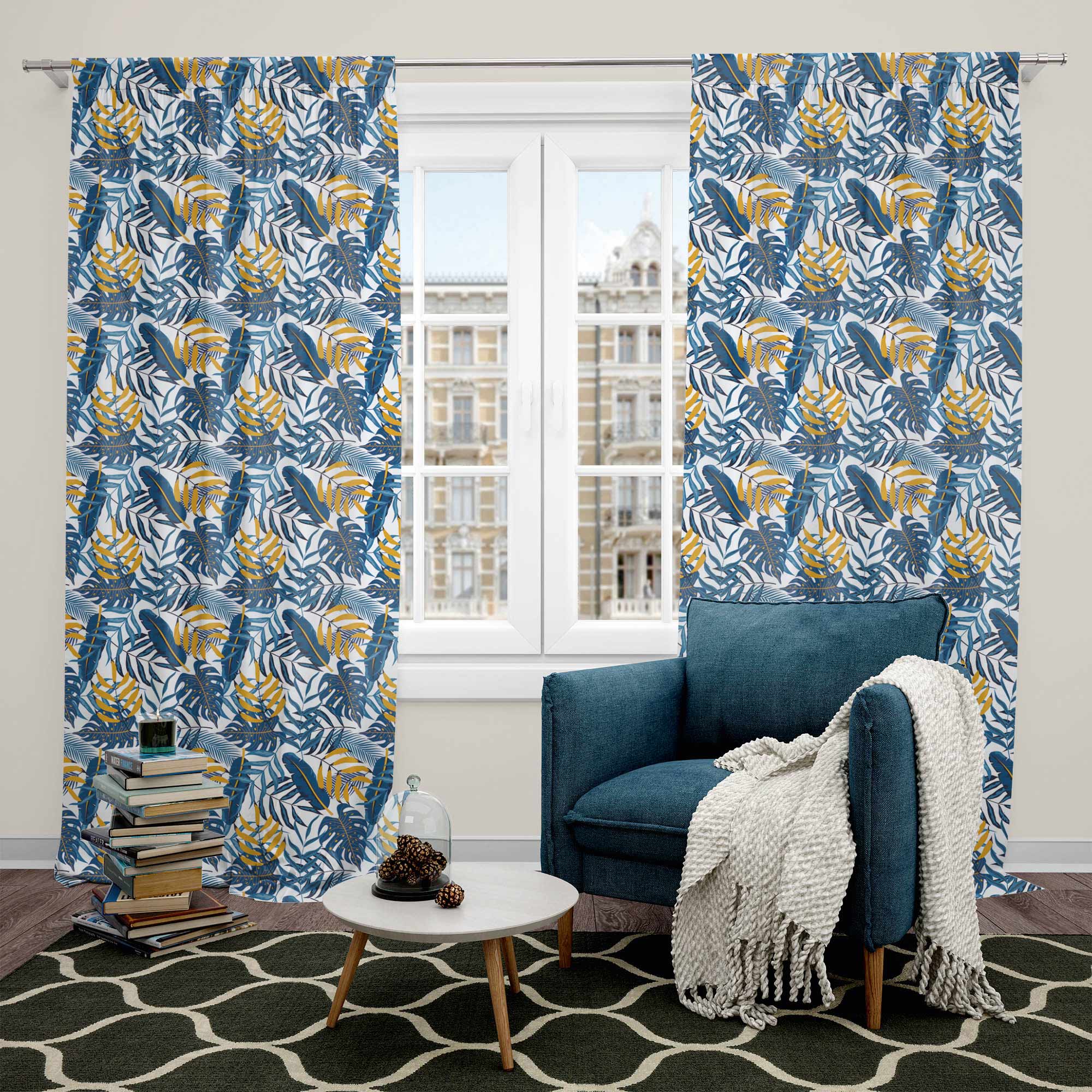 Blue Gold Leaves-Tablecloth Fabric