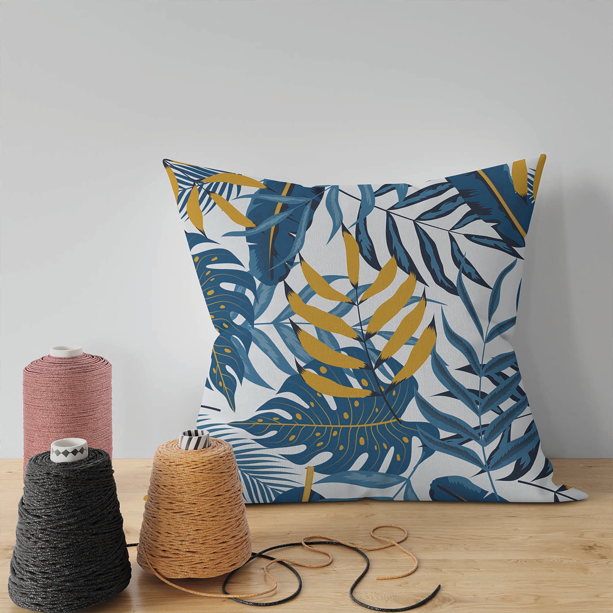 Blue Gold Leaves-Tablecloth Fabric