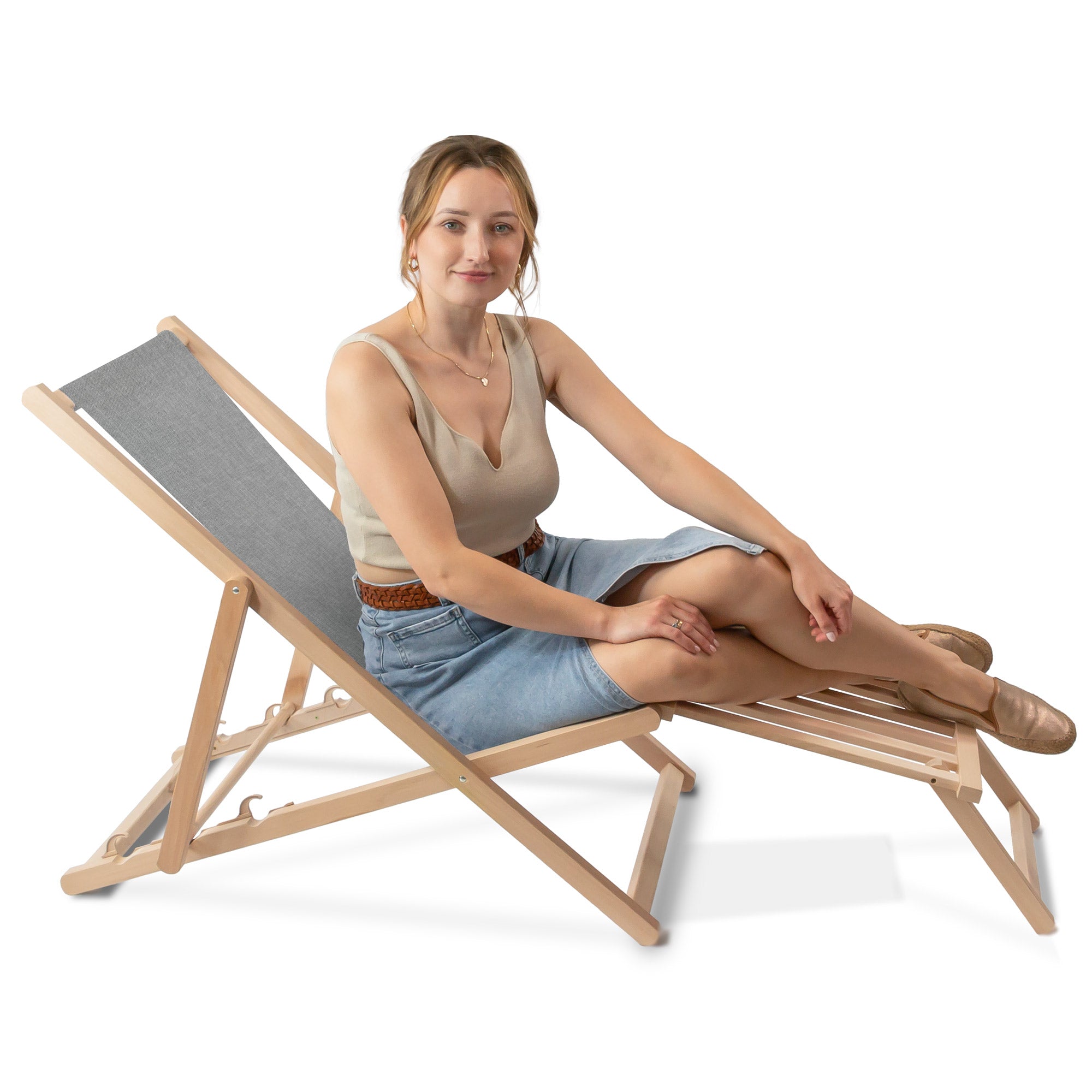 Wooden deck chair with wooden footrest Linen imitation Light Grey