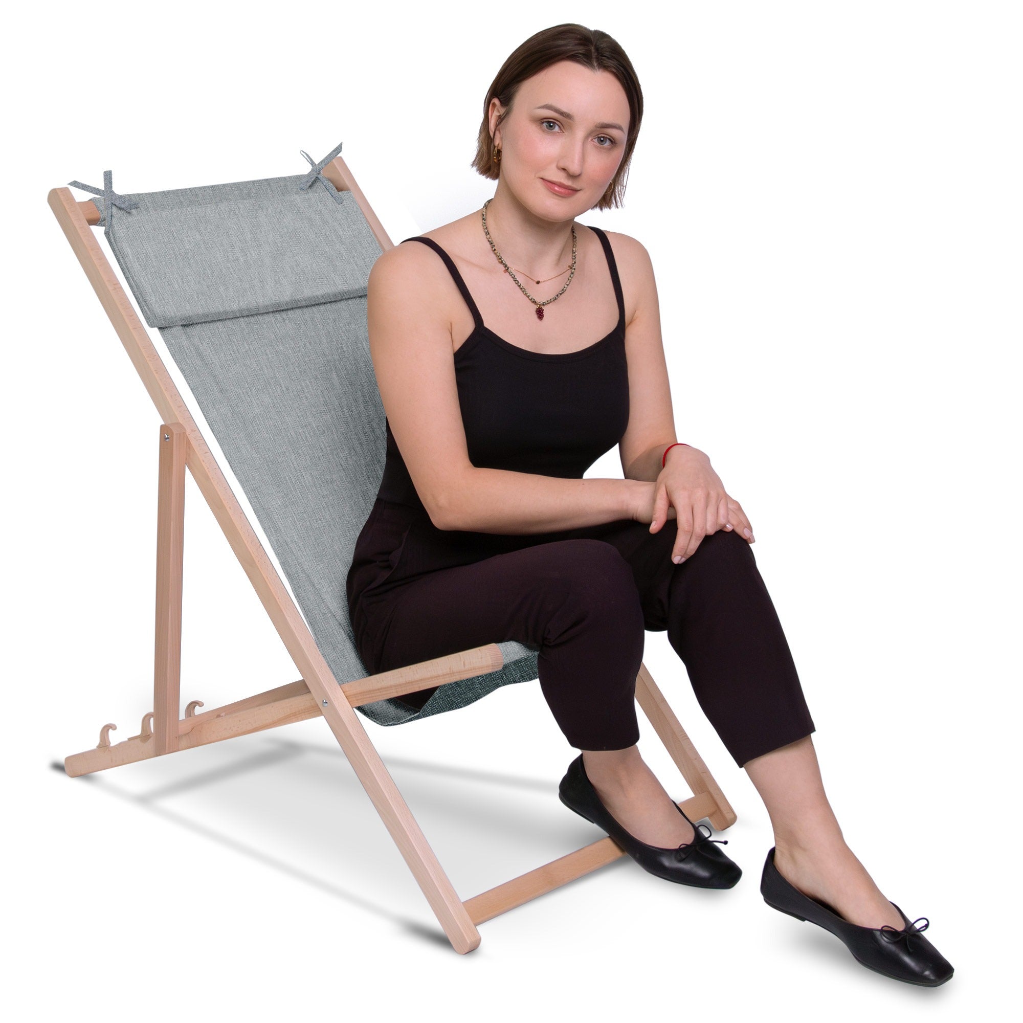 Wooden deck chair with cushion Linen imitation Light Grey-M