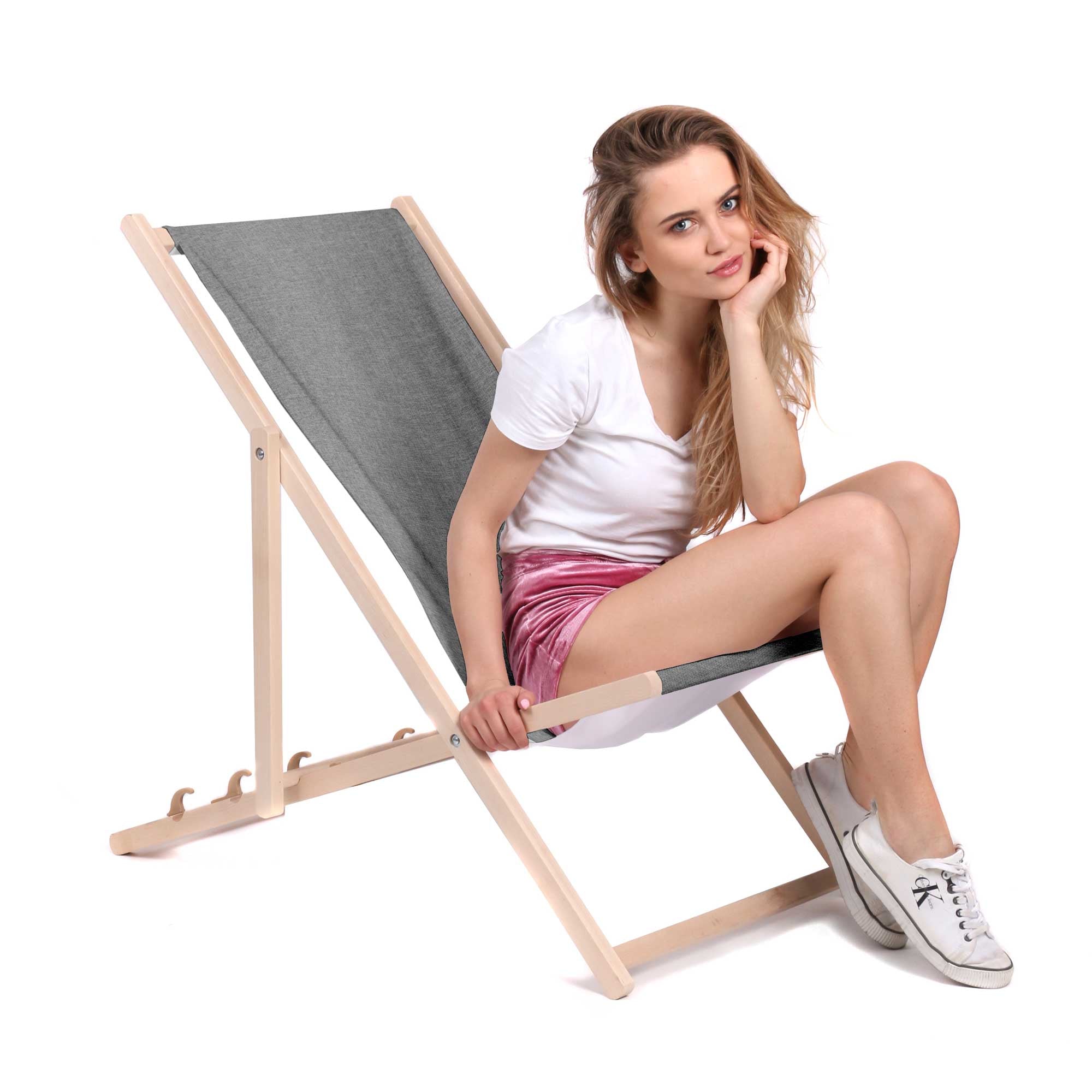 Wooden Deck Chair Linen Imitation Light Grey-S