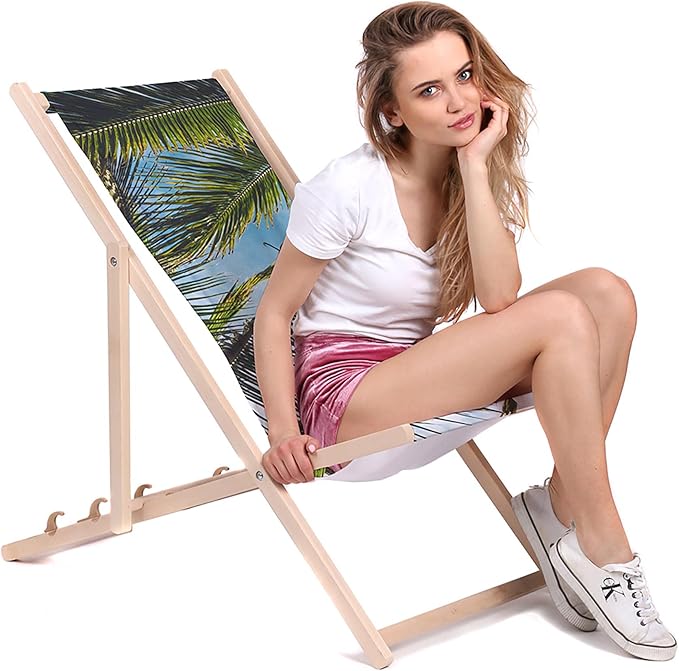 Vintage Wooden Deck Chair Palm Leaves