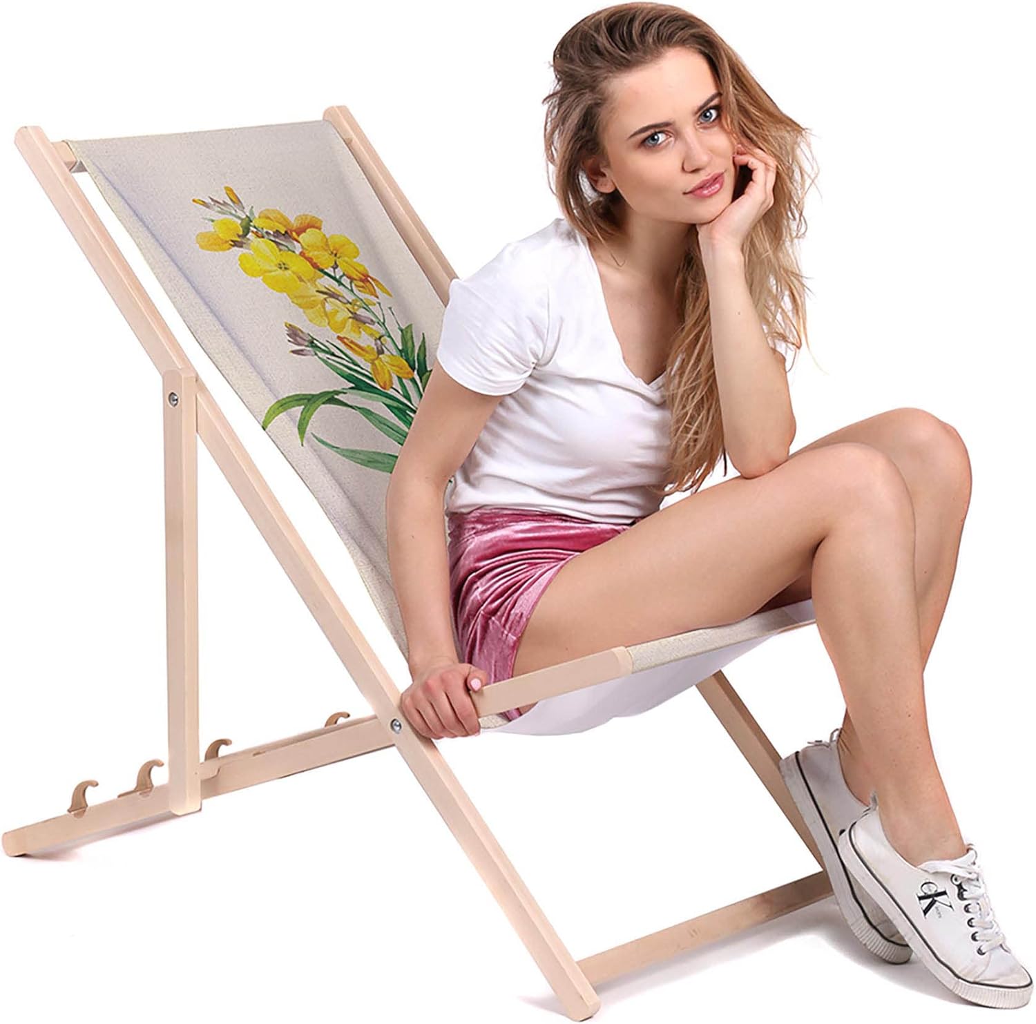 Vintage Wooden Deck Chair Yellow Flowers