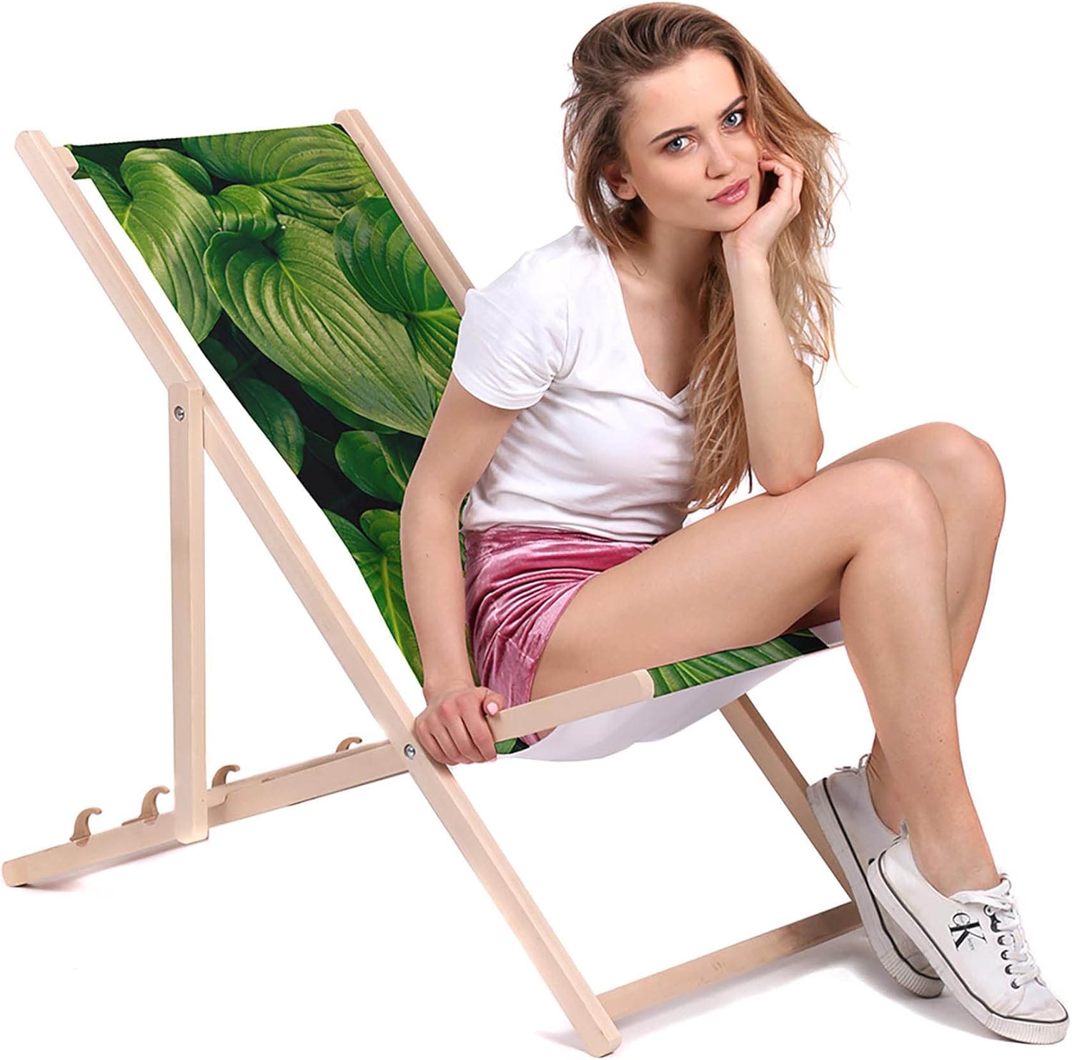 Vintage Wooden Deck Chair Big Green Leaves