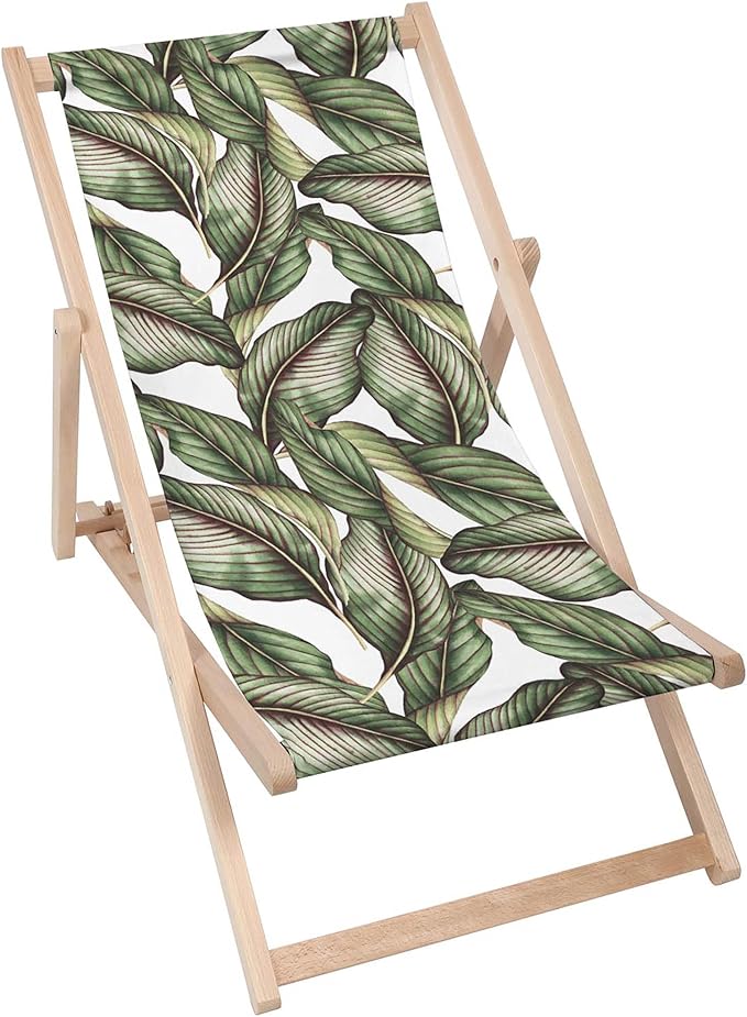 Vintage Wooden Deck Chair Retro Tropical Leaves