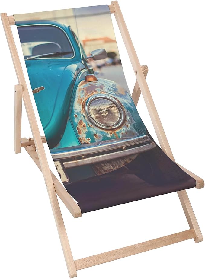 Wooden Deck Chair Old Blue Car
