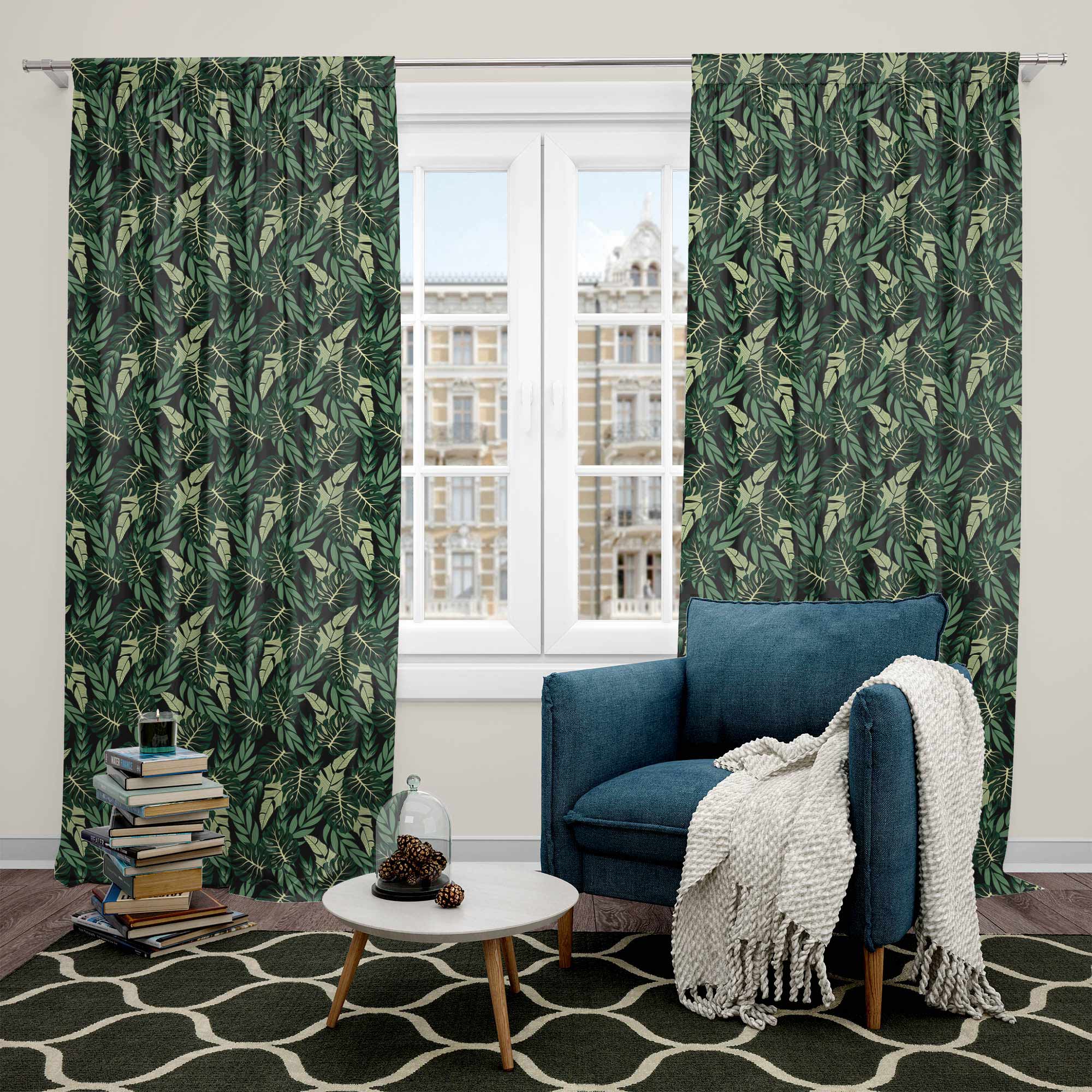 Tropical Dark Green Leaves-Tablecloth Fabric