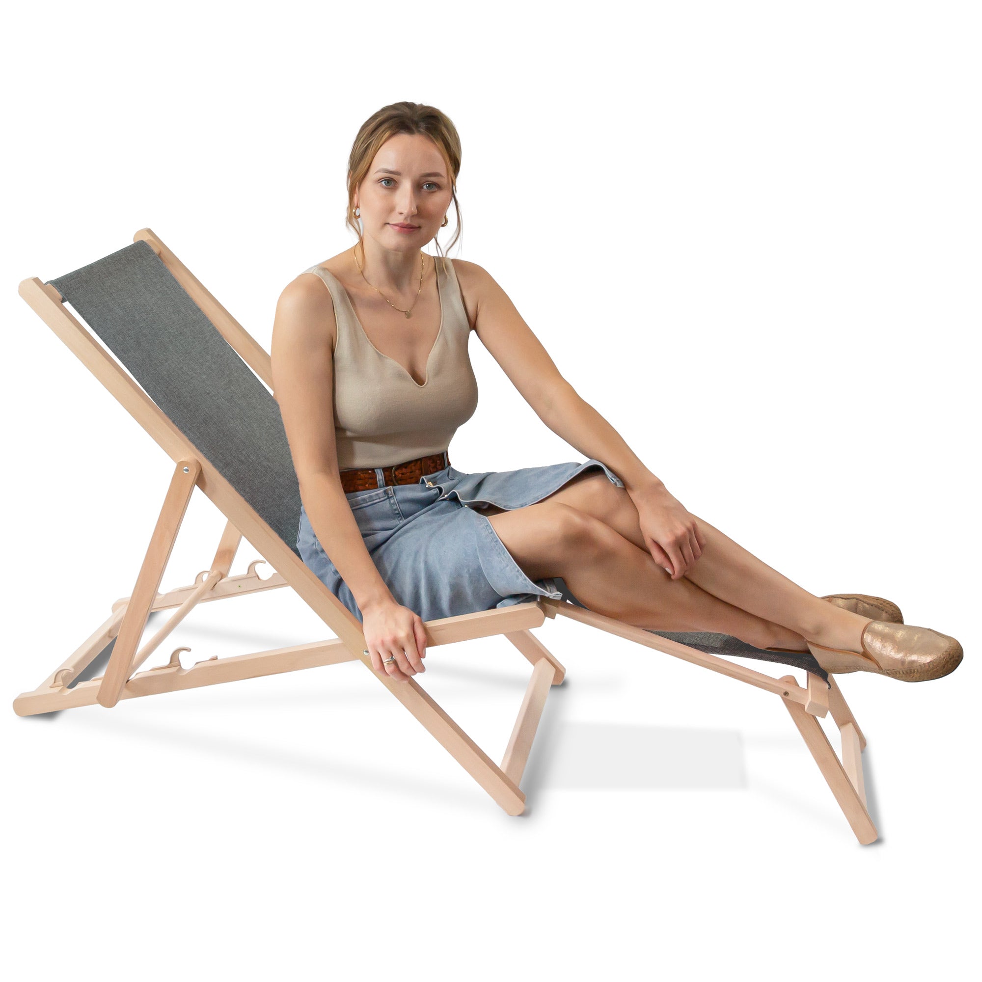 Wooden deck chair with footrest Linen imitation Star Dust