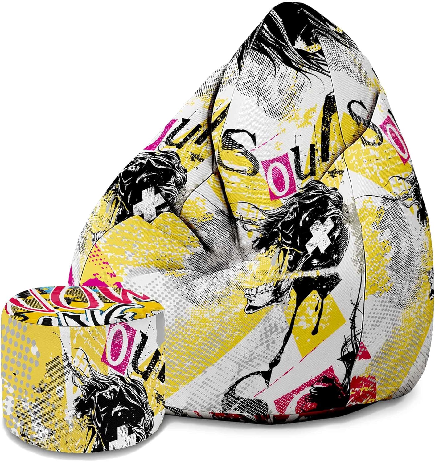 Pearshape Pouf with Footrest Screaming Faces-Oxford