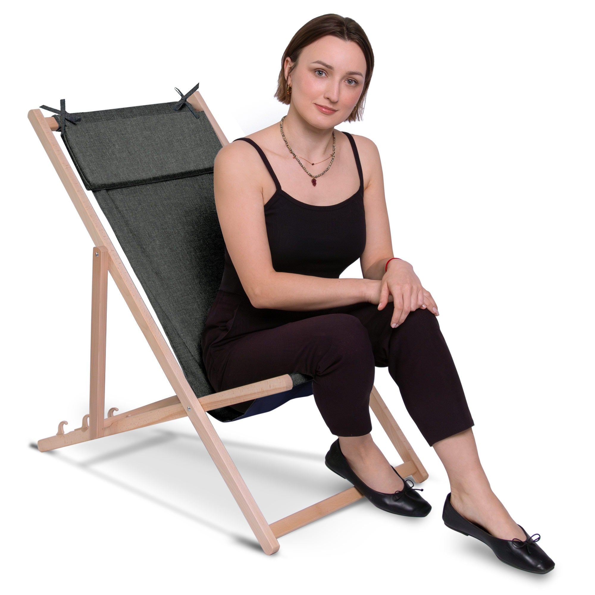 Wooden deck chair with cushion Linen imitation Stony Beach-S