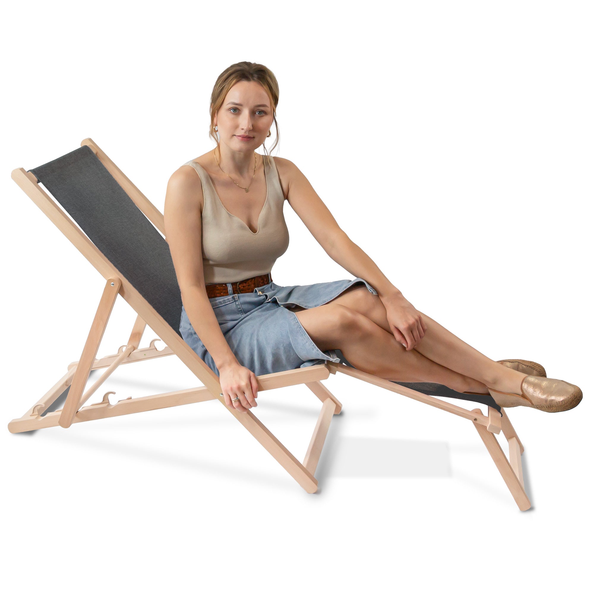 Holzliege mit Fußstütze Leinenoptik Stony Beach