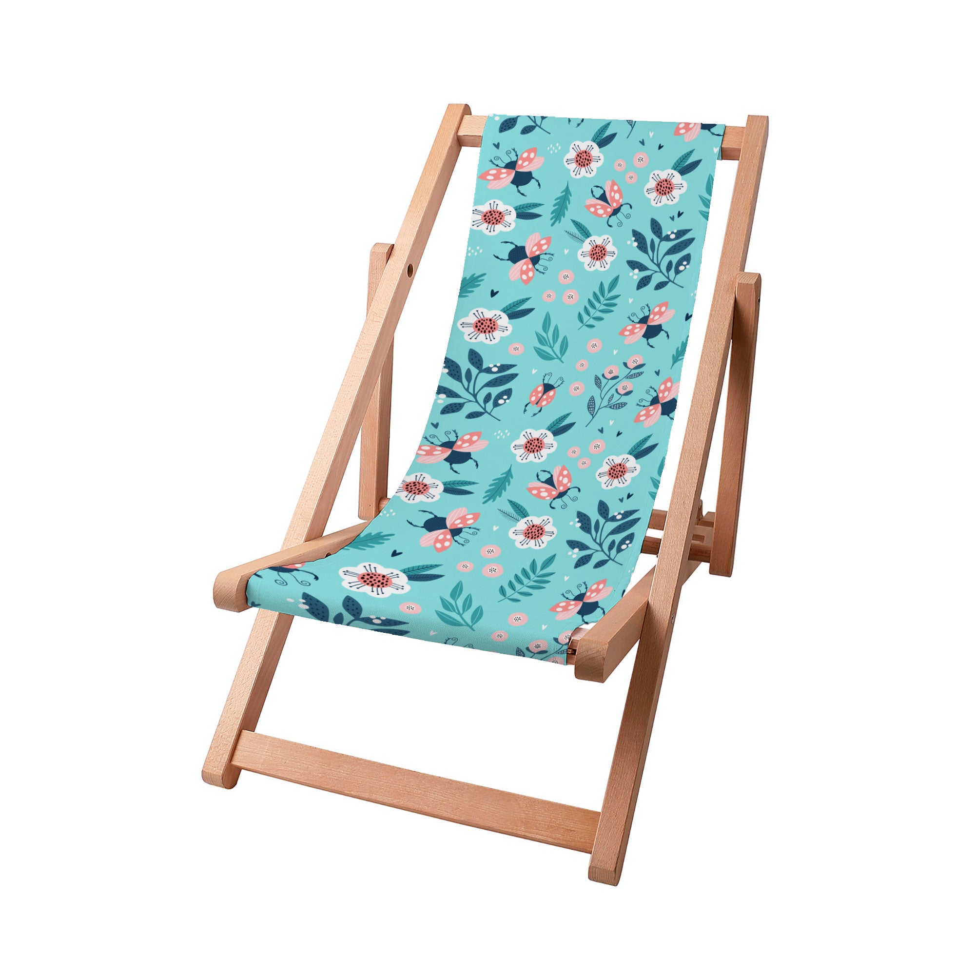 Wooden Deck Chair Ladybugs and Flowers
