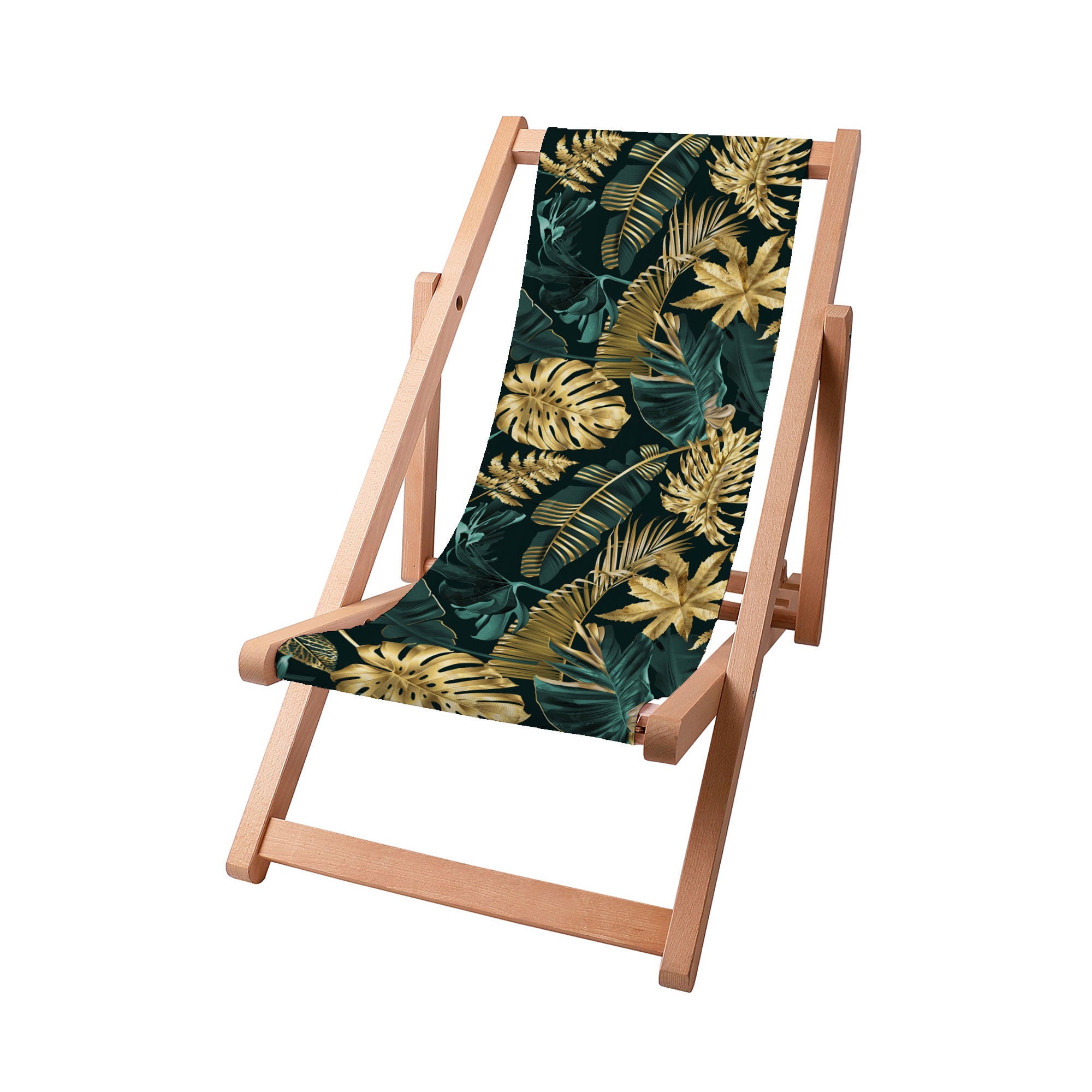 Wooden Deck Chair Monstera Gold Green