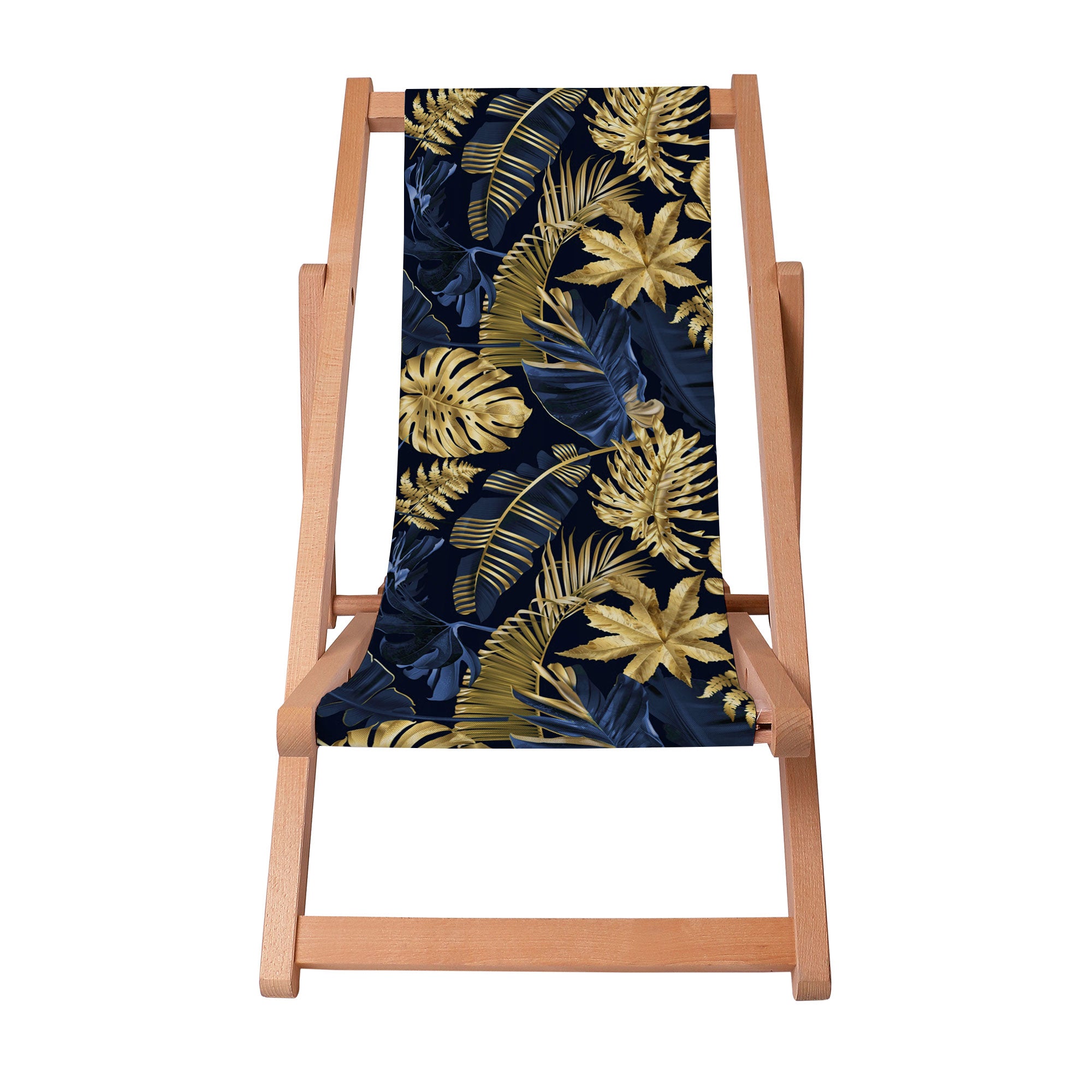 Wooden Deck Chair Monstera Gold Navy Blue