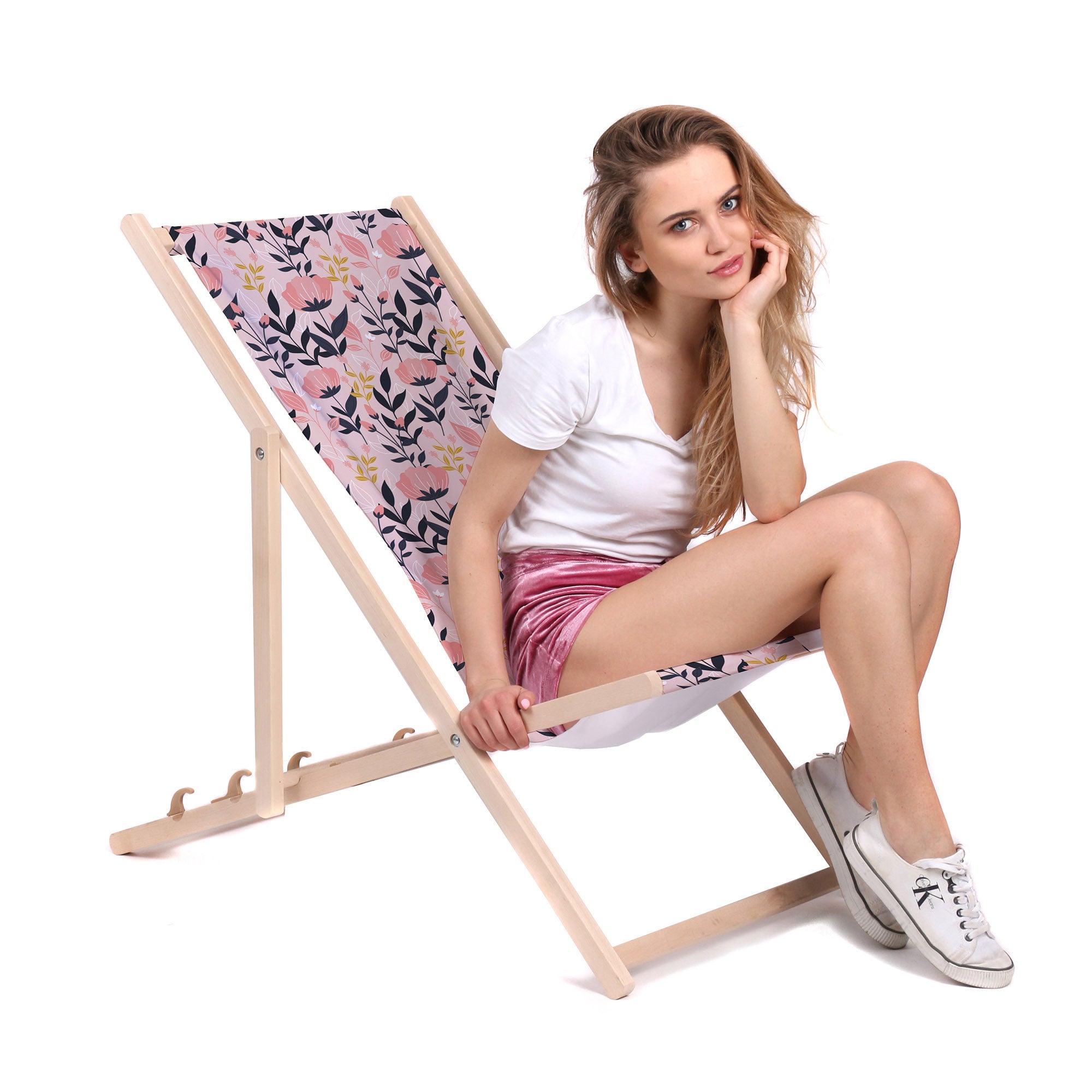 Wooden Deck Chair Pink and Navy Flowers-M