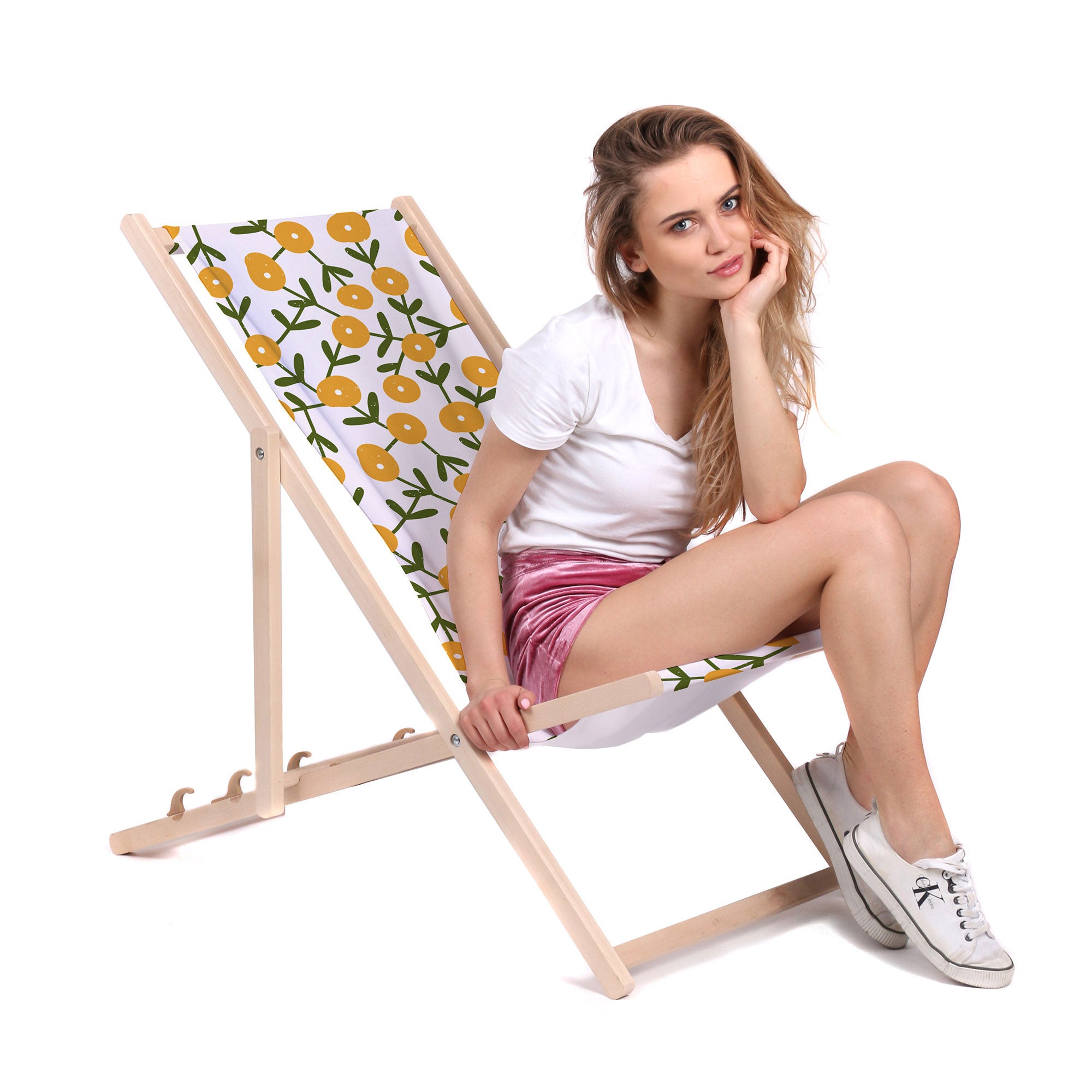 Wooden Deck Chair Scandinavian Green and Yellow-M