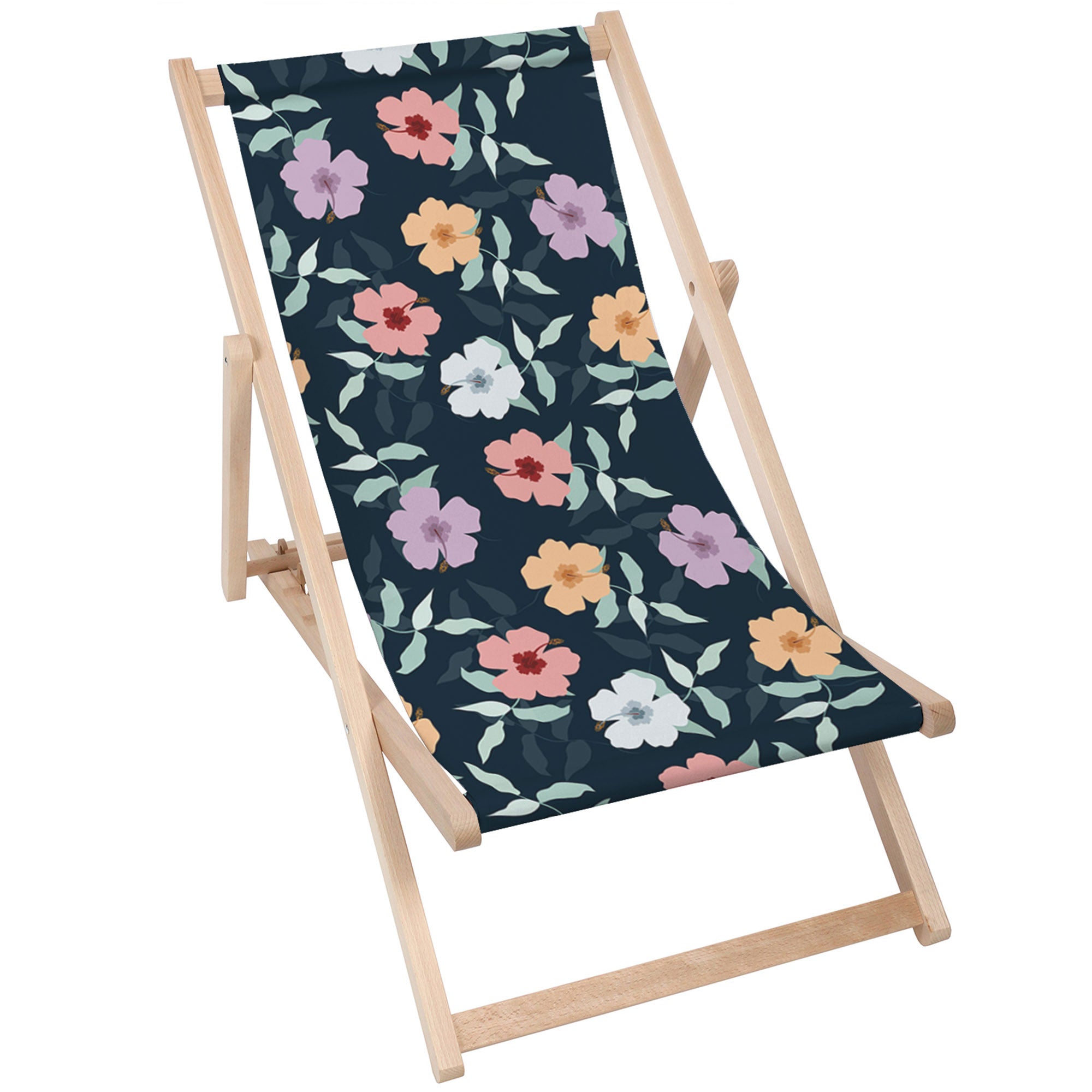 Wooden Deck Chair Simple Flowers on Navy-M