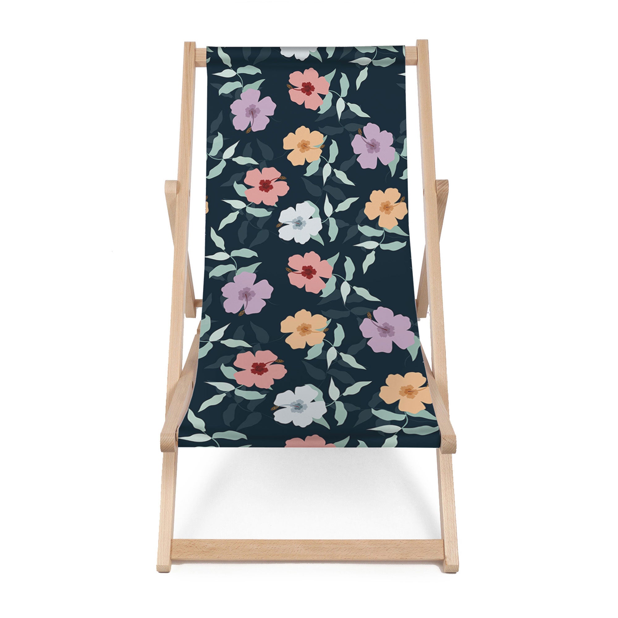 Wooden Deck Chair Simple Flowers on Navy-M