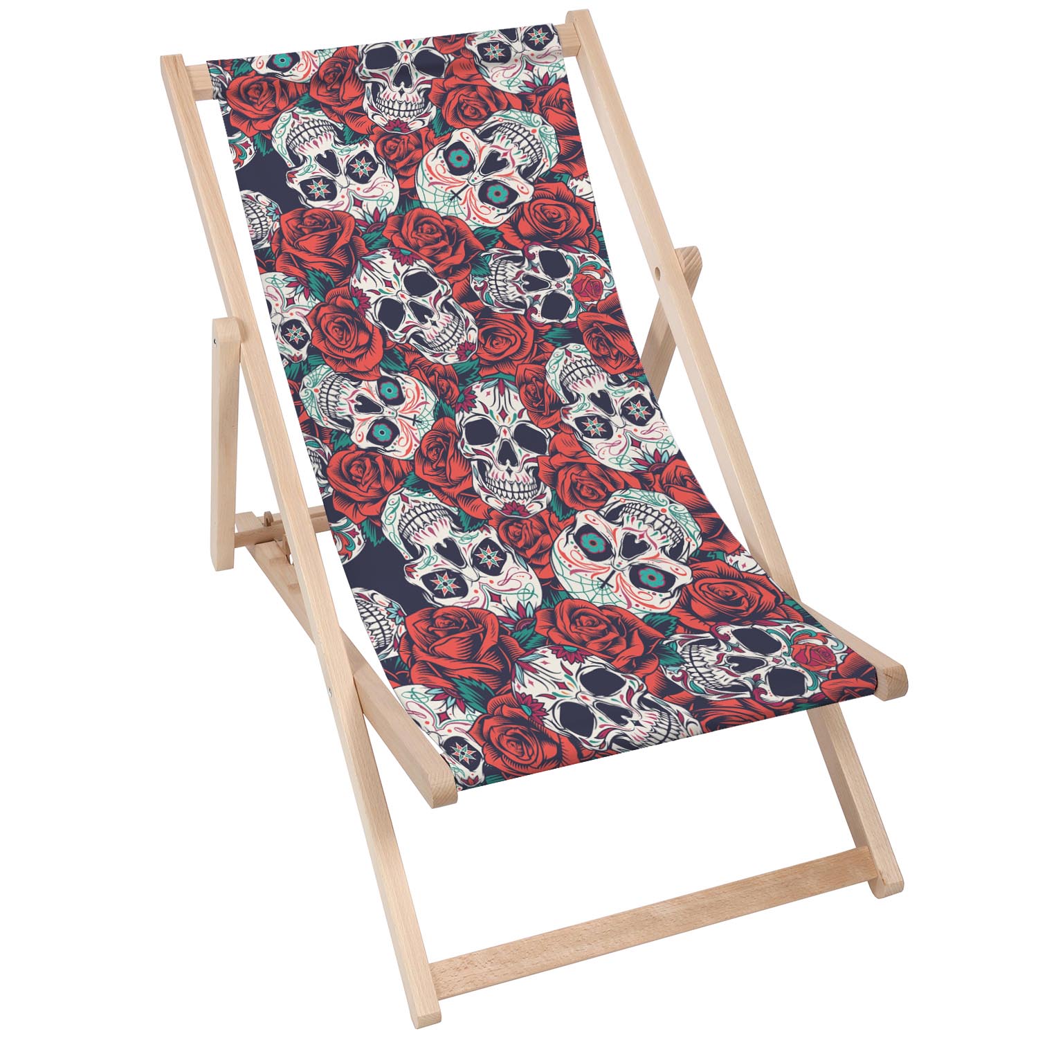 Wooden Deck Chair Red Roses Skull-M