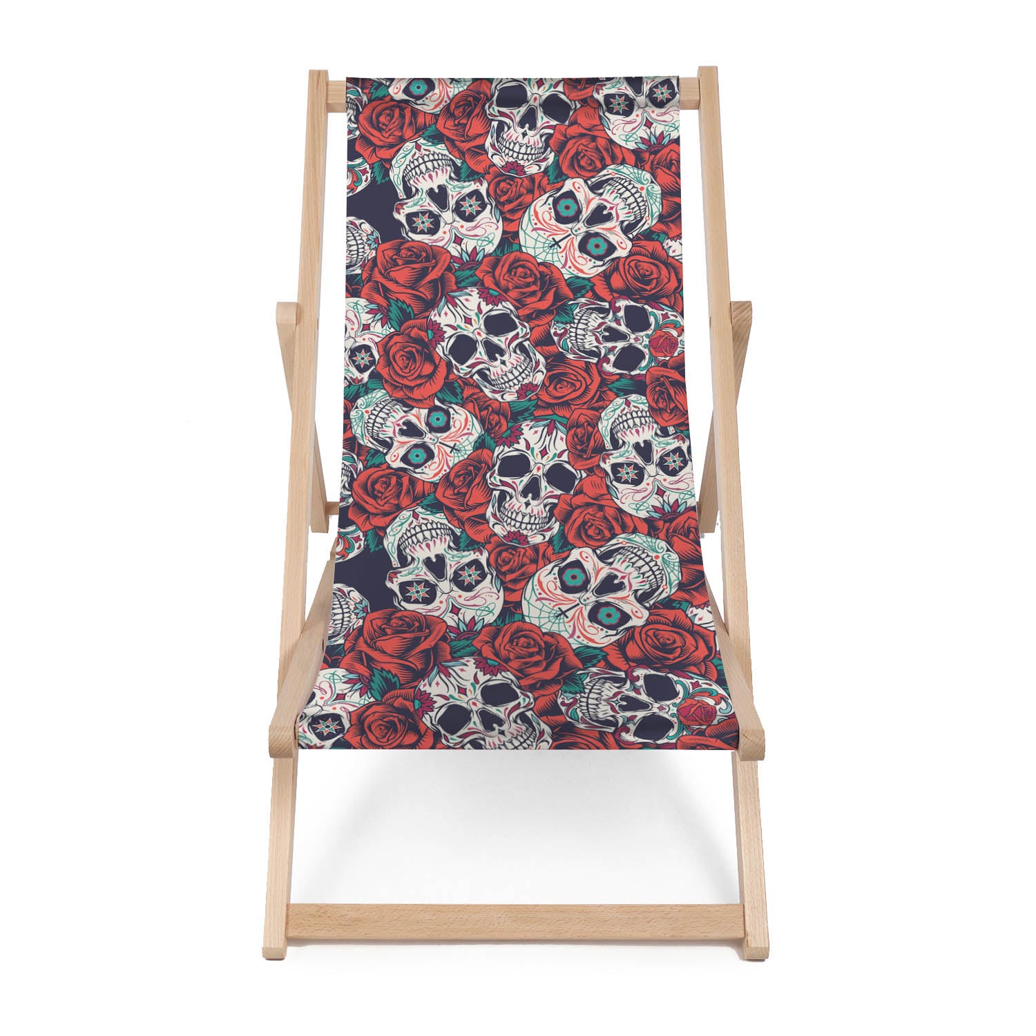 Wooden Deck Chair Red Roses Skull-M