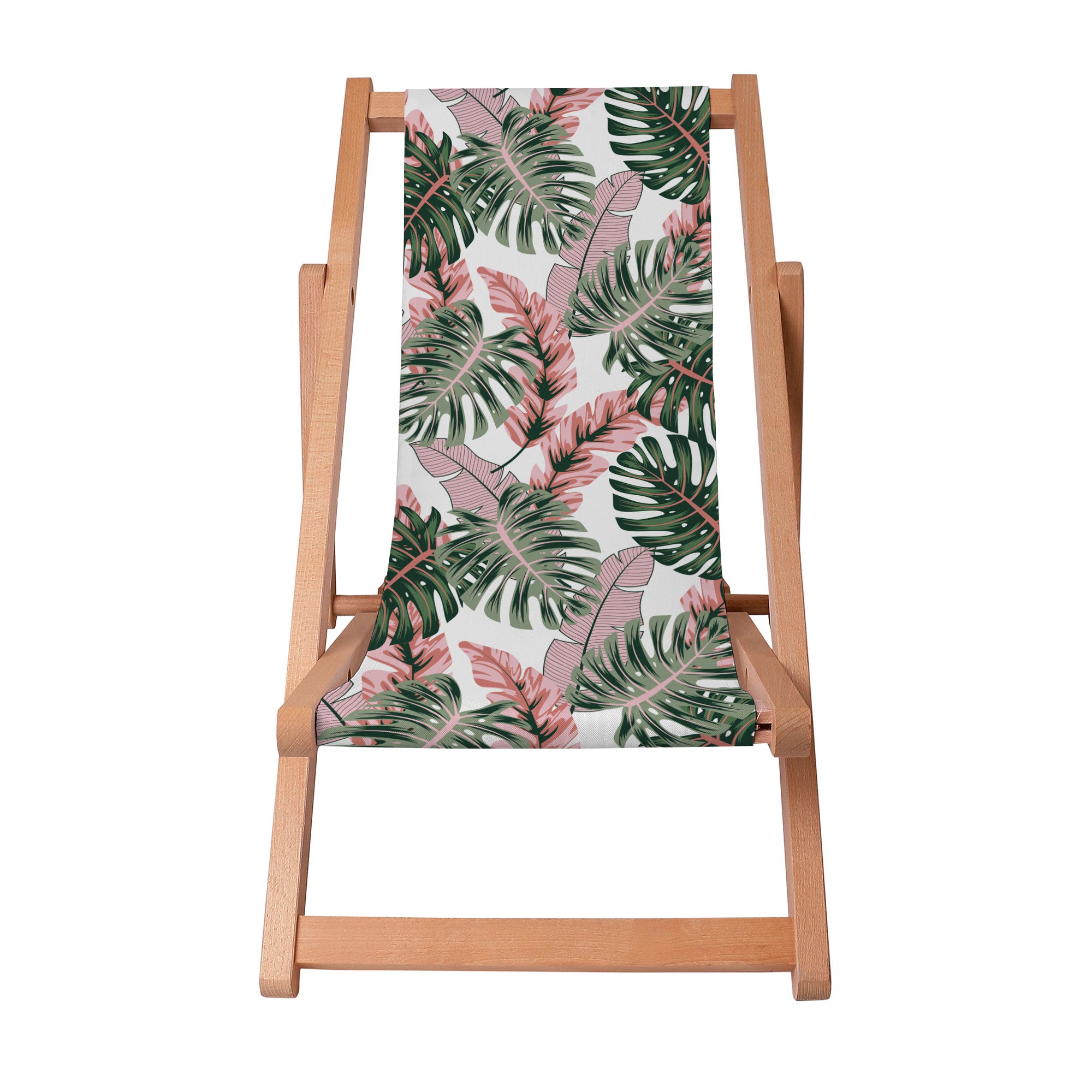 Wooden Deck Chair Tropical Pink and Green Leaves