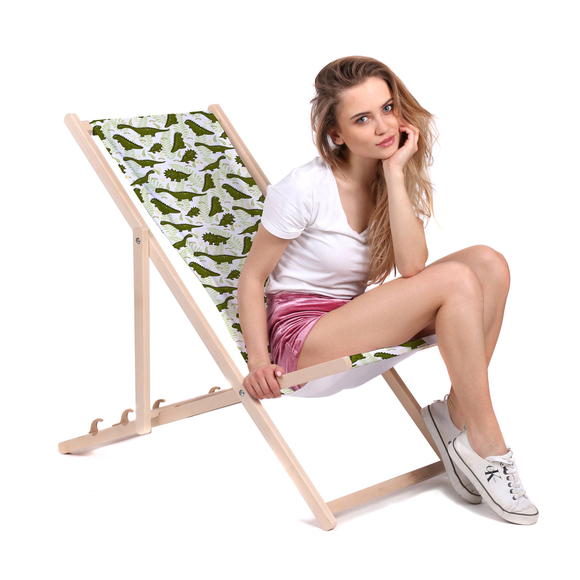 Wooden Deck Chair Green Dinosaurs-M
