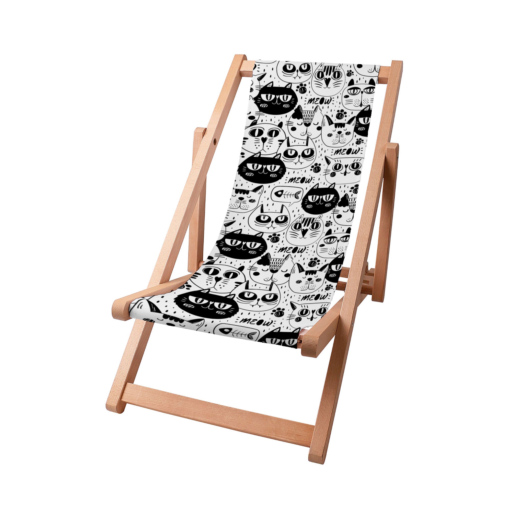 Wooden Deck Chair Black and White Cats-S
